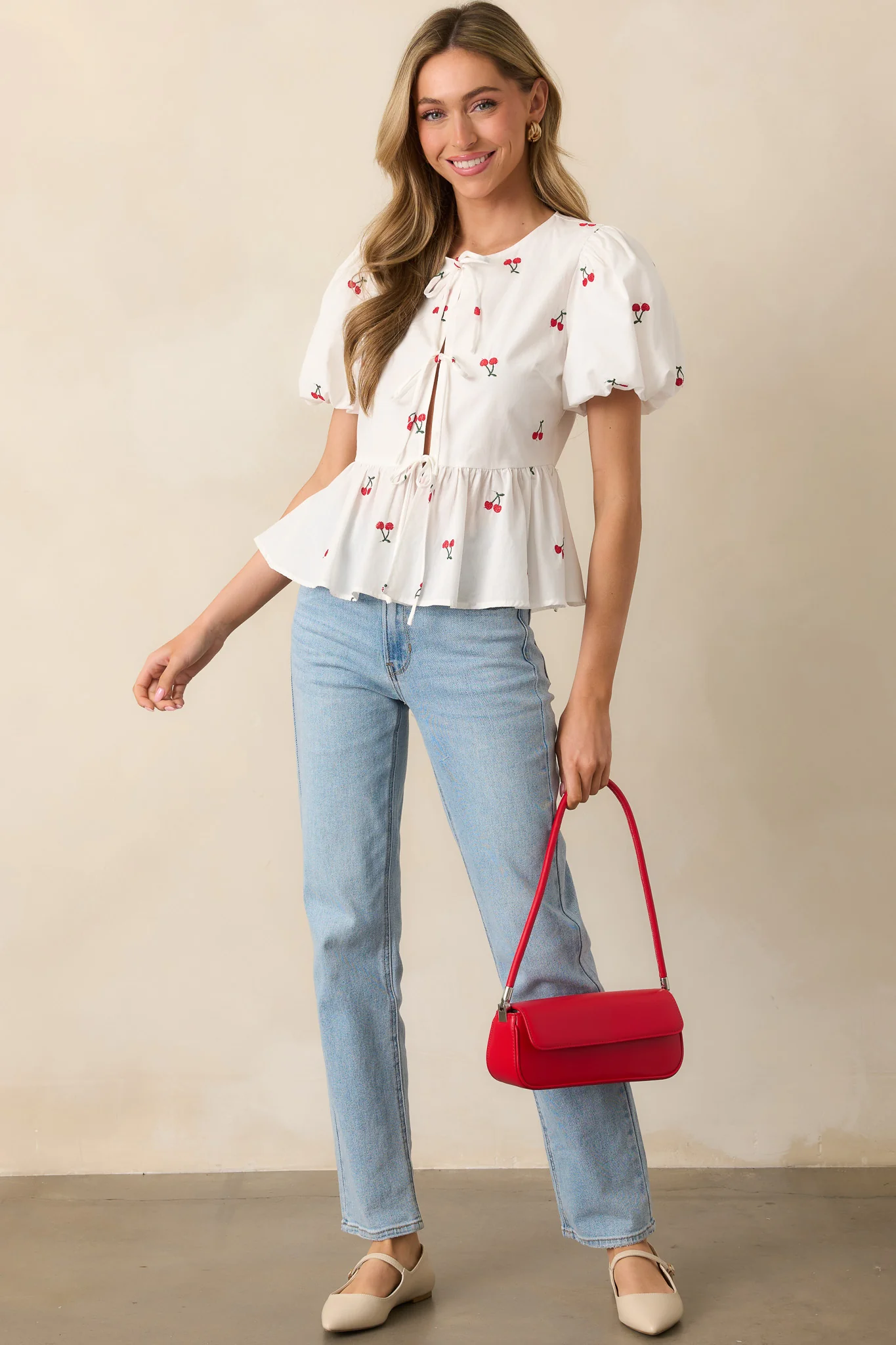 Pucker Up White Cotton Cherry Embroidered Peplum Top
