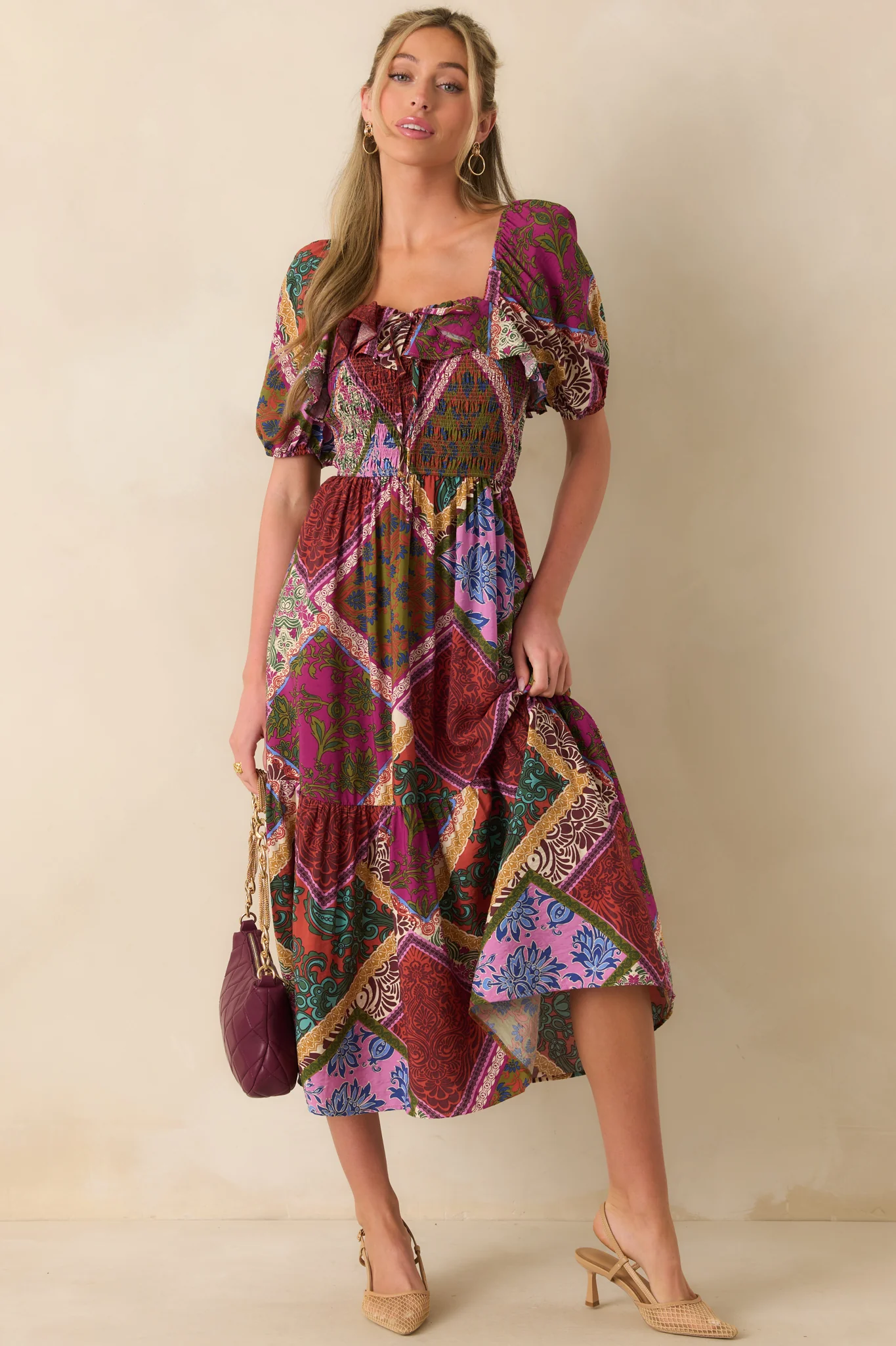 Peace That Lasts Red Multi Patchwork Print Puff Sleeve Midi Dress