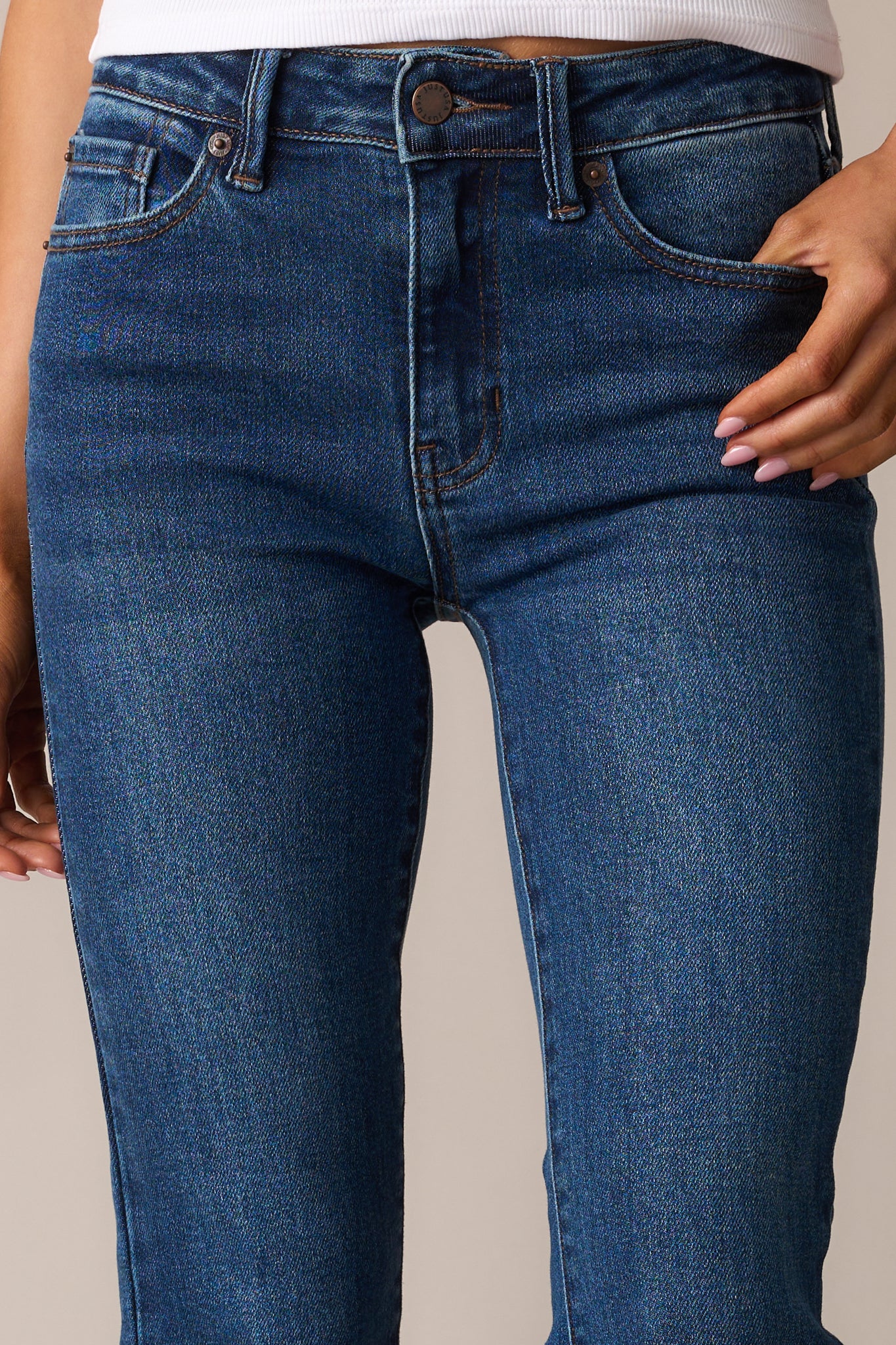 Back And Forth Dark Wash Mid Rise Cropped Flare Jeans