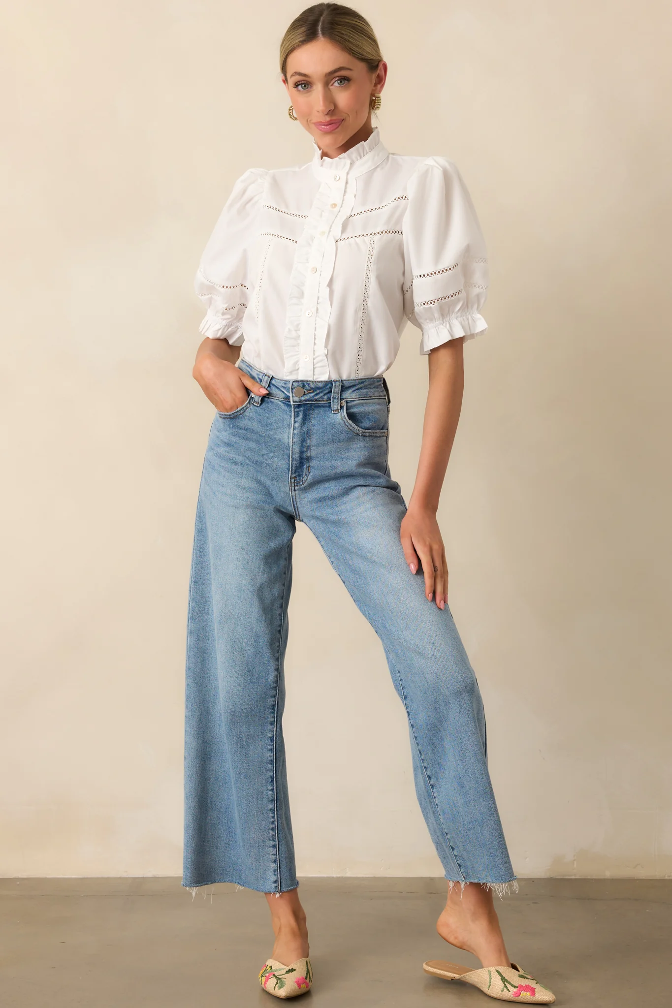 Taking The Scenic Route Ivory Eyelet Ruffle Half Sleeve Top