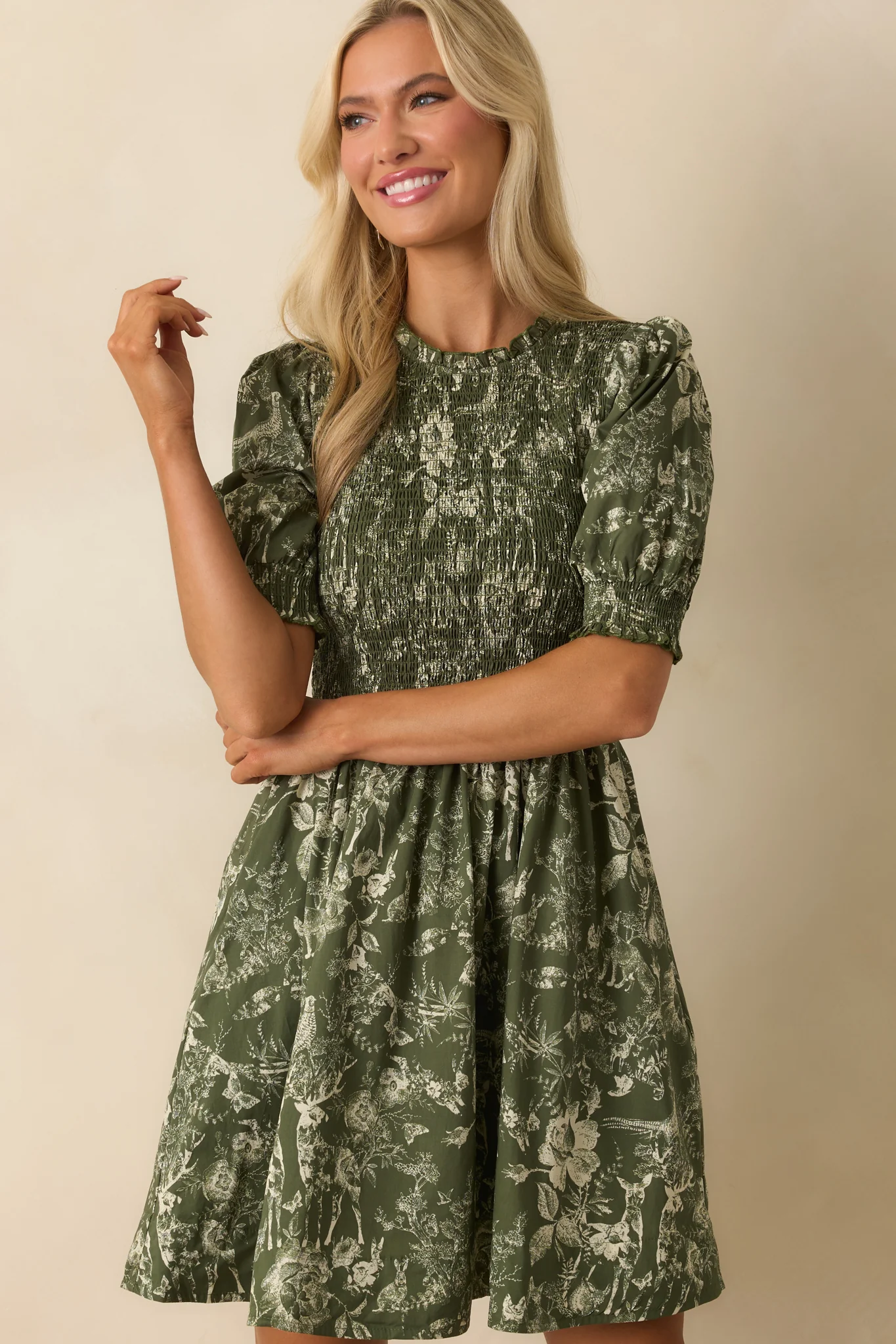 Kind Of Her Thing Green Multi Print Toile Cotton Mini Dress