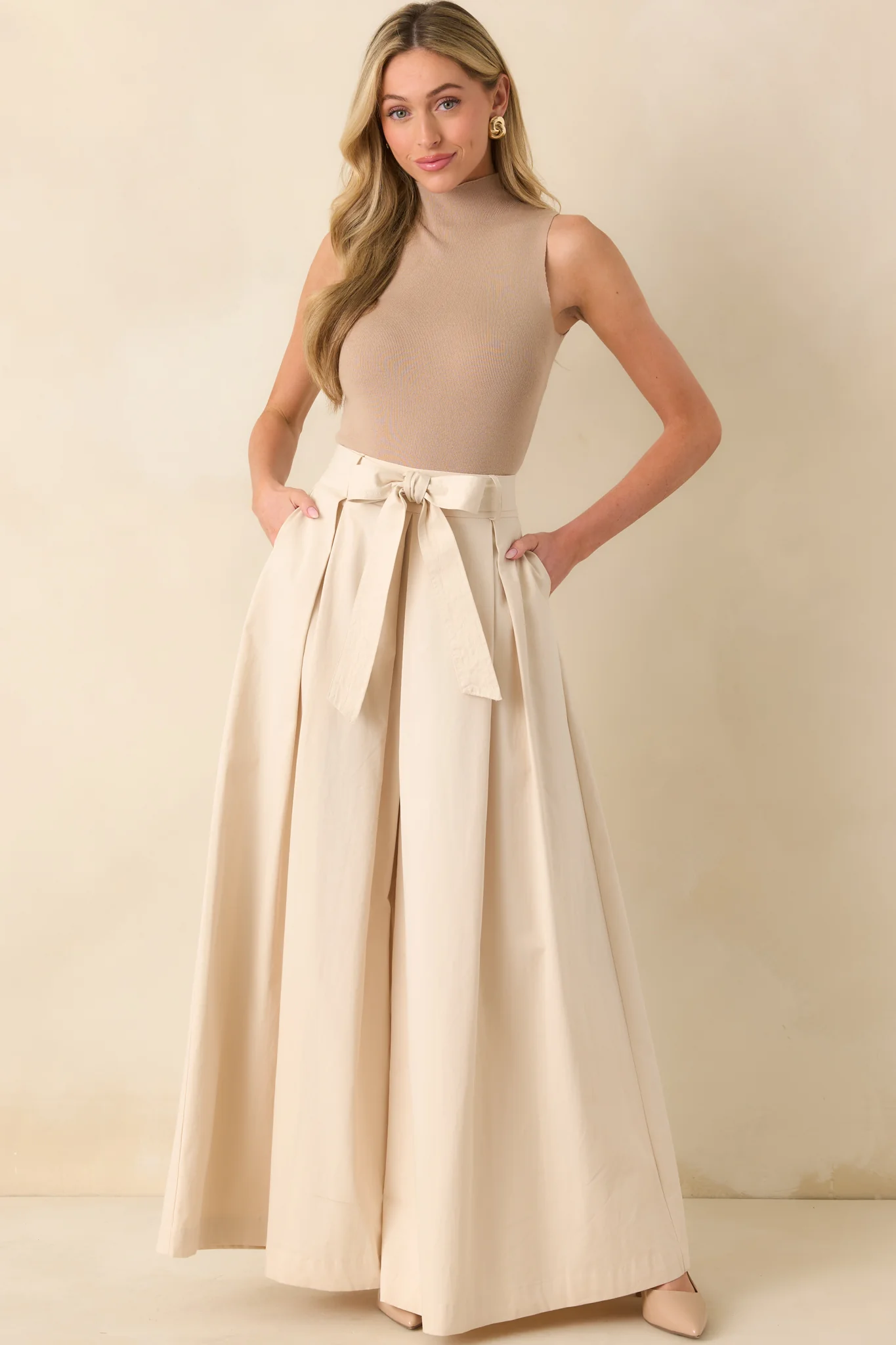 Taking Time Off Ecru Cotton Belted Palazzo Pants