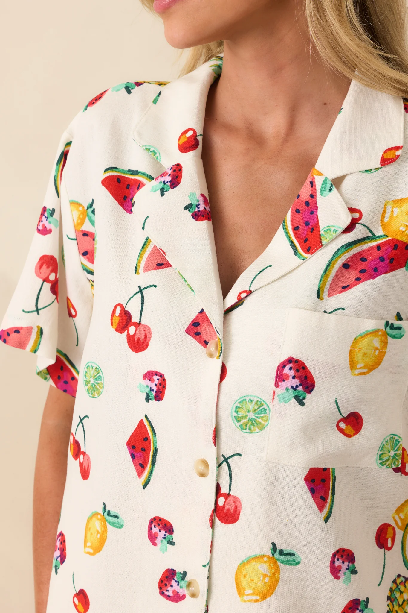Just Like Before Ivory Multi Fruit Print Button Front Top