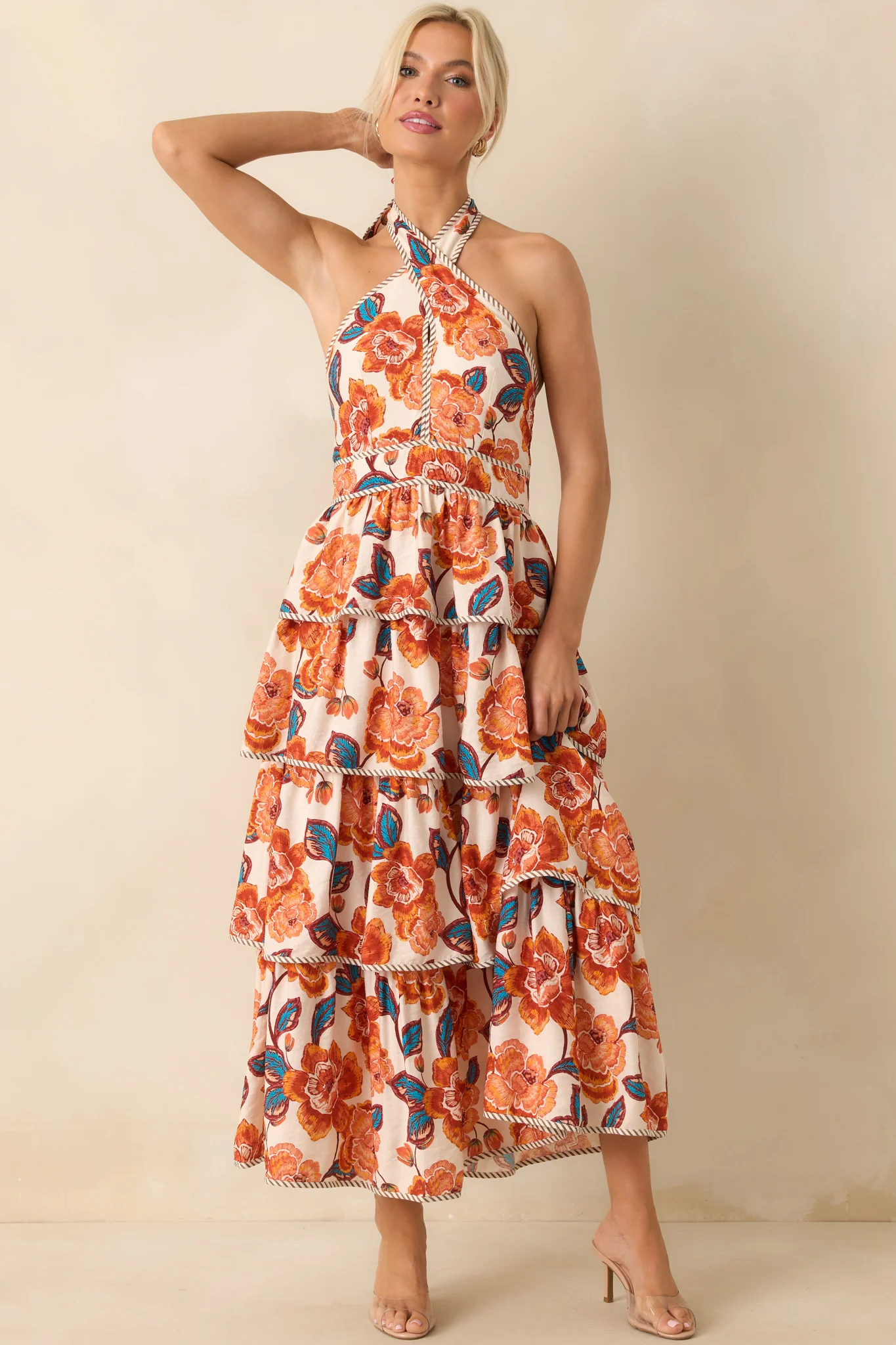 A Little Brighter Orange Floral Print Criss Cross Halter Maxi Dress