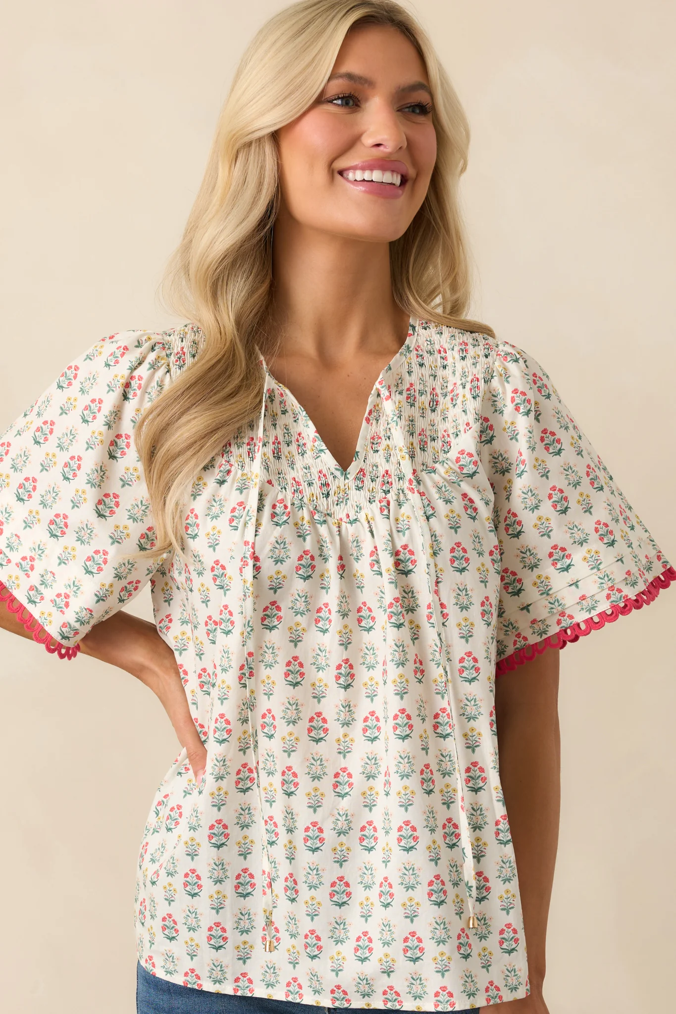 These Are The Good Times Red Floral Cotton Short Sleeve Top