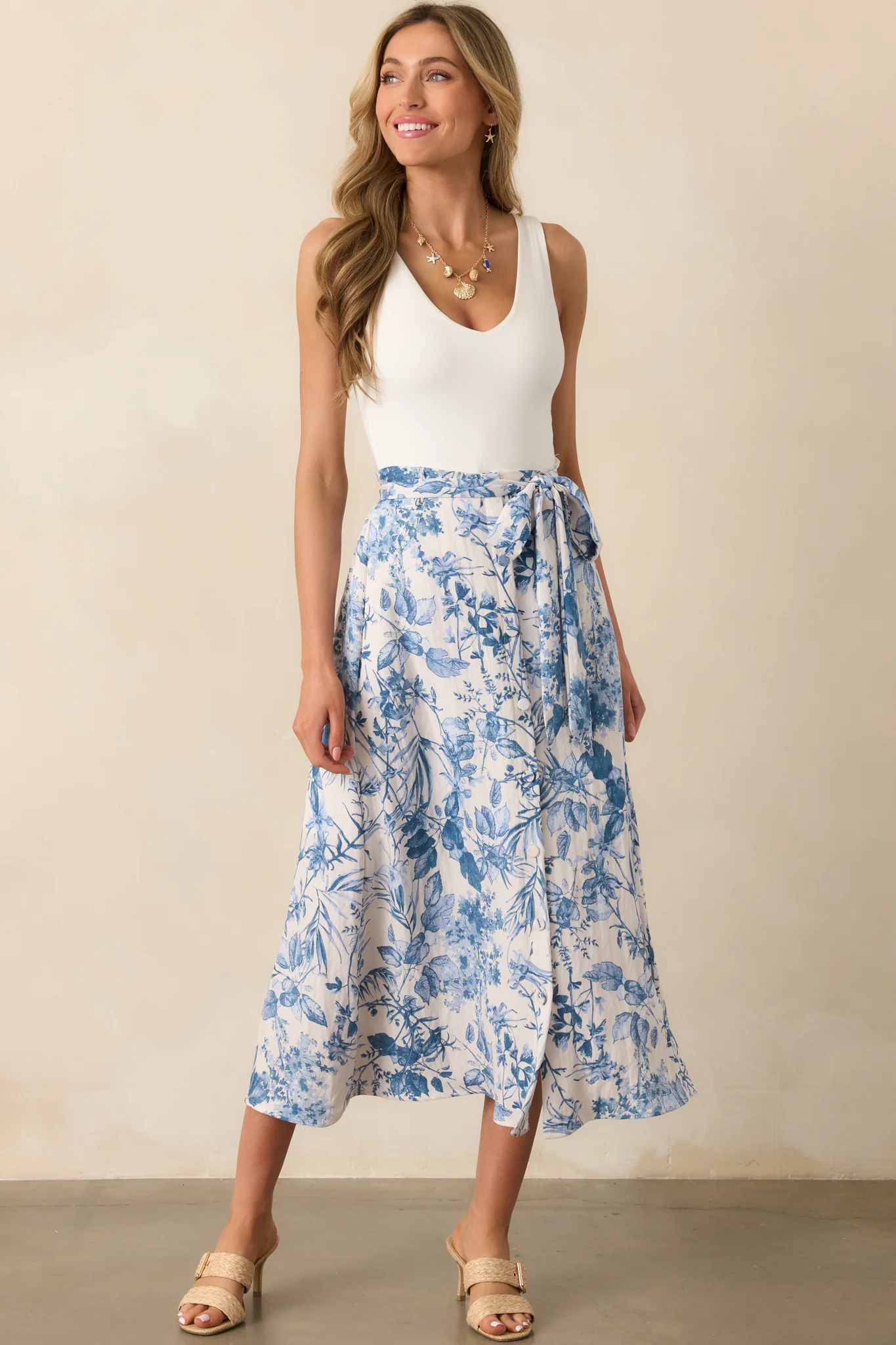 Don't Need A Reason Blue Floral Rayon Belted Midi Skirt