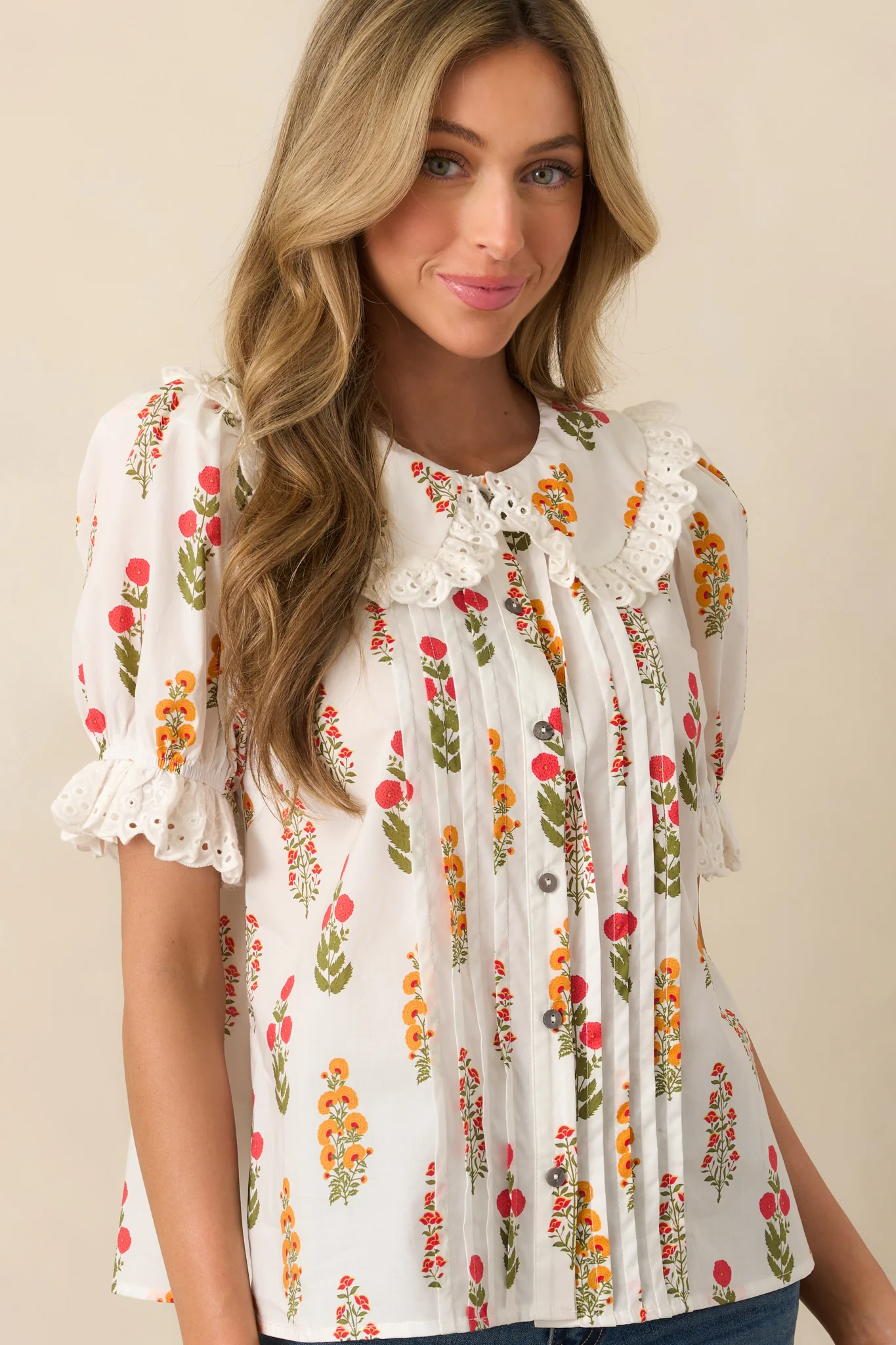 Some Things Take Time Red Floral Cotton Button Front Top
