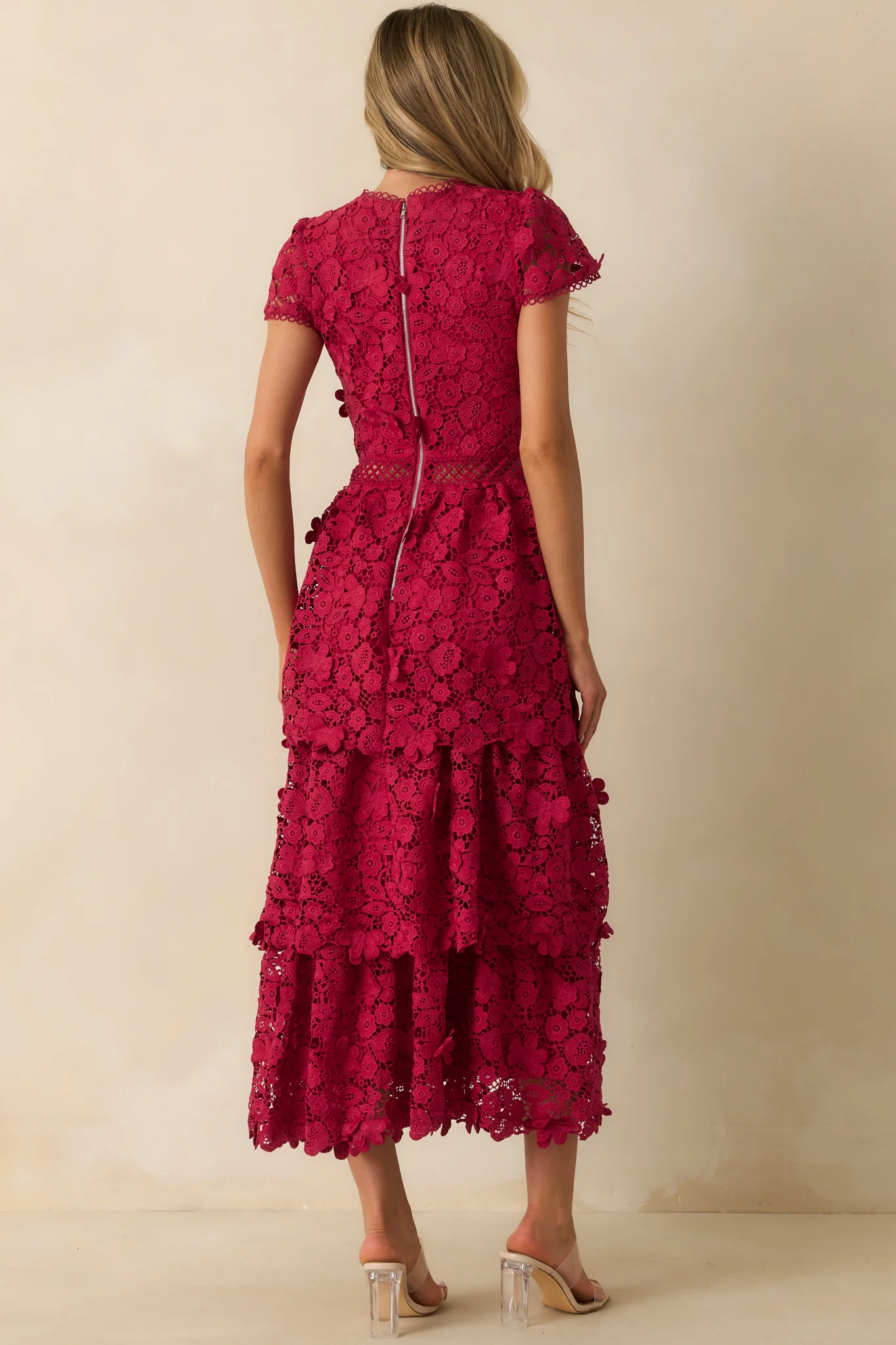 A Matter Of Time Red Floral Guipure Lace Tiered Maxi Dress