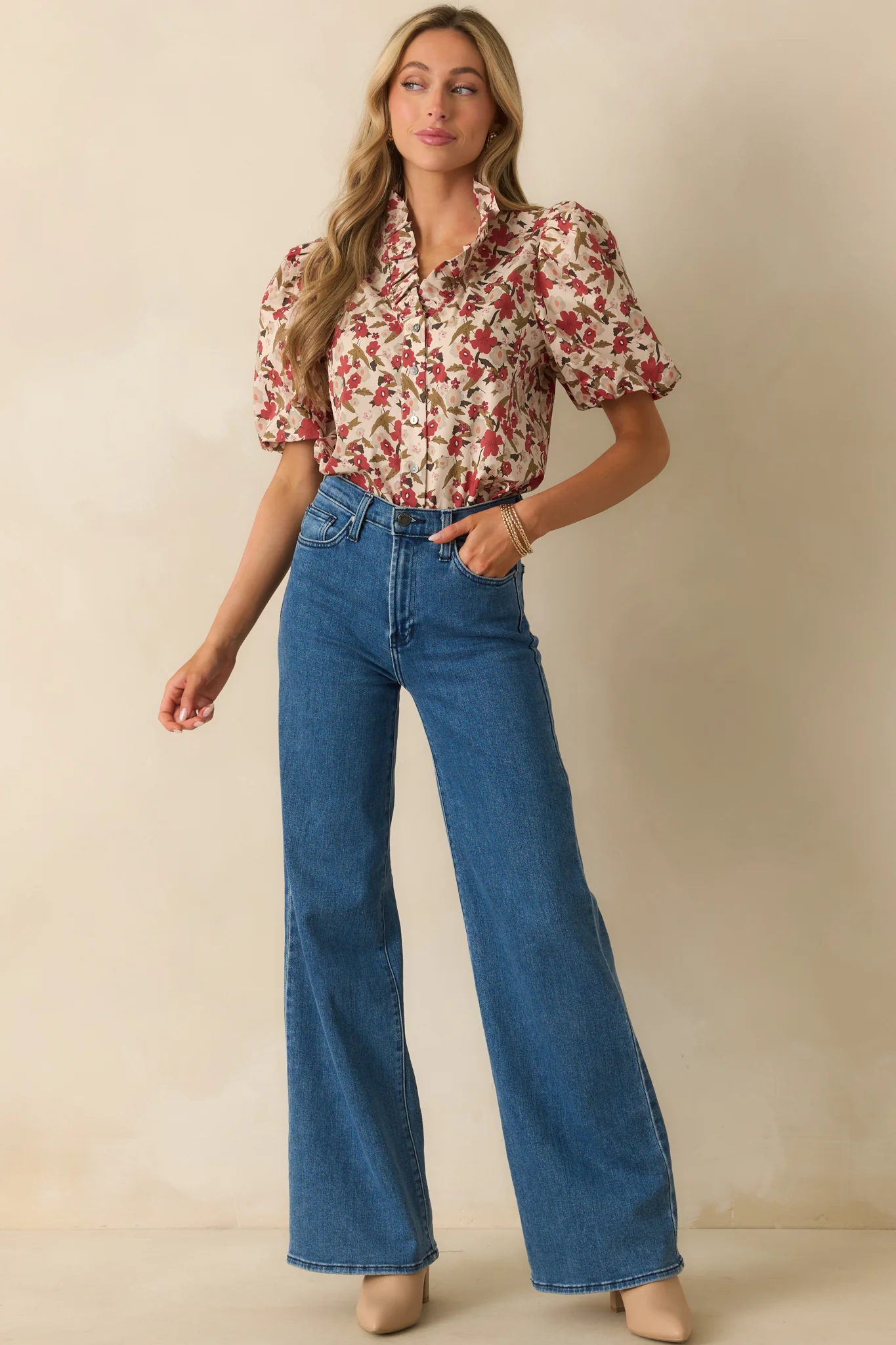 When You Know Red Multi Floral Print Cotton Puff Sleeve Top