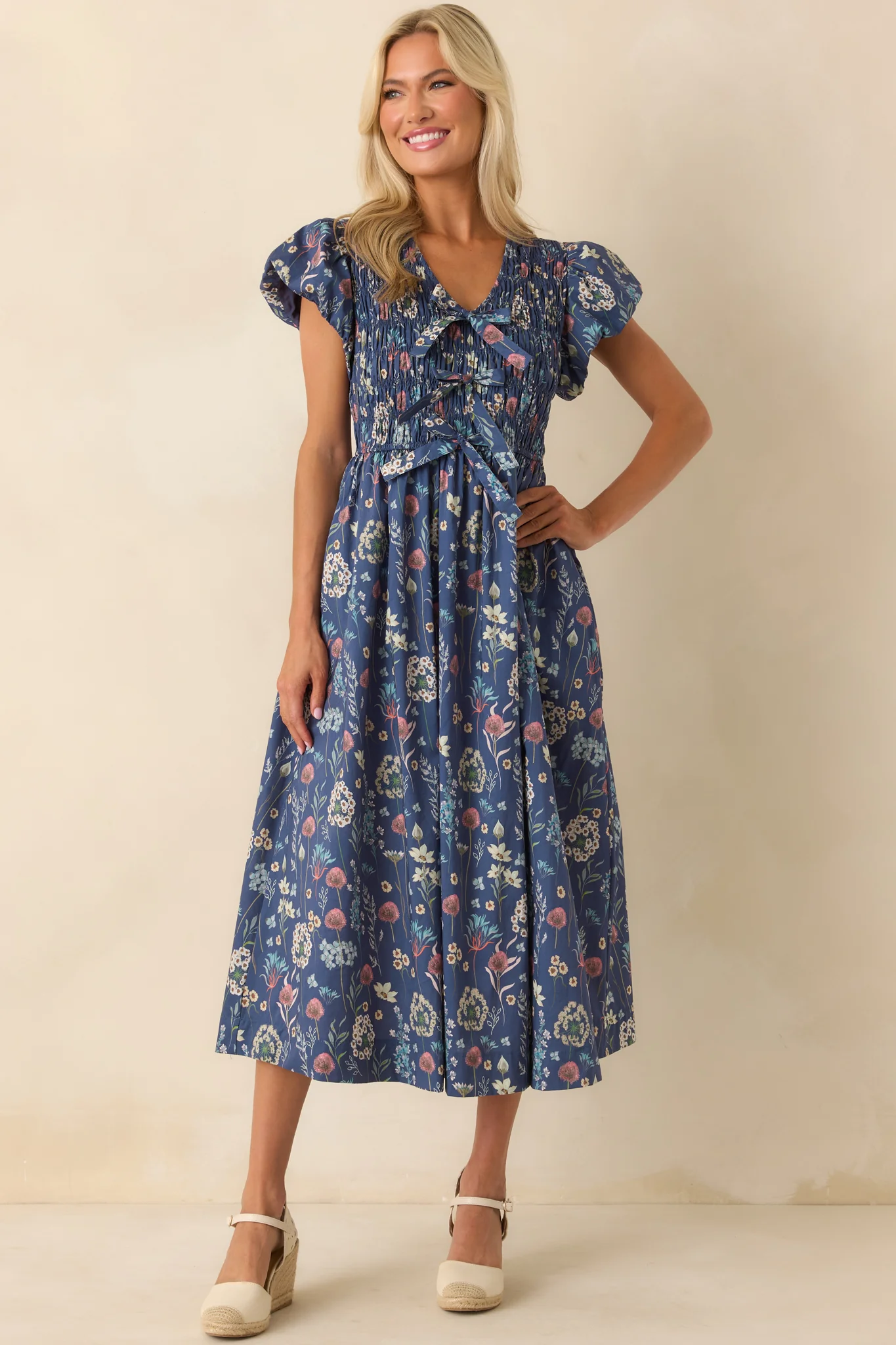 A Subtle Shift Dusty Blue Multi Floral Print Cotton Midi Dress