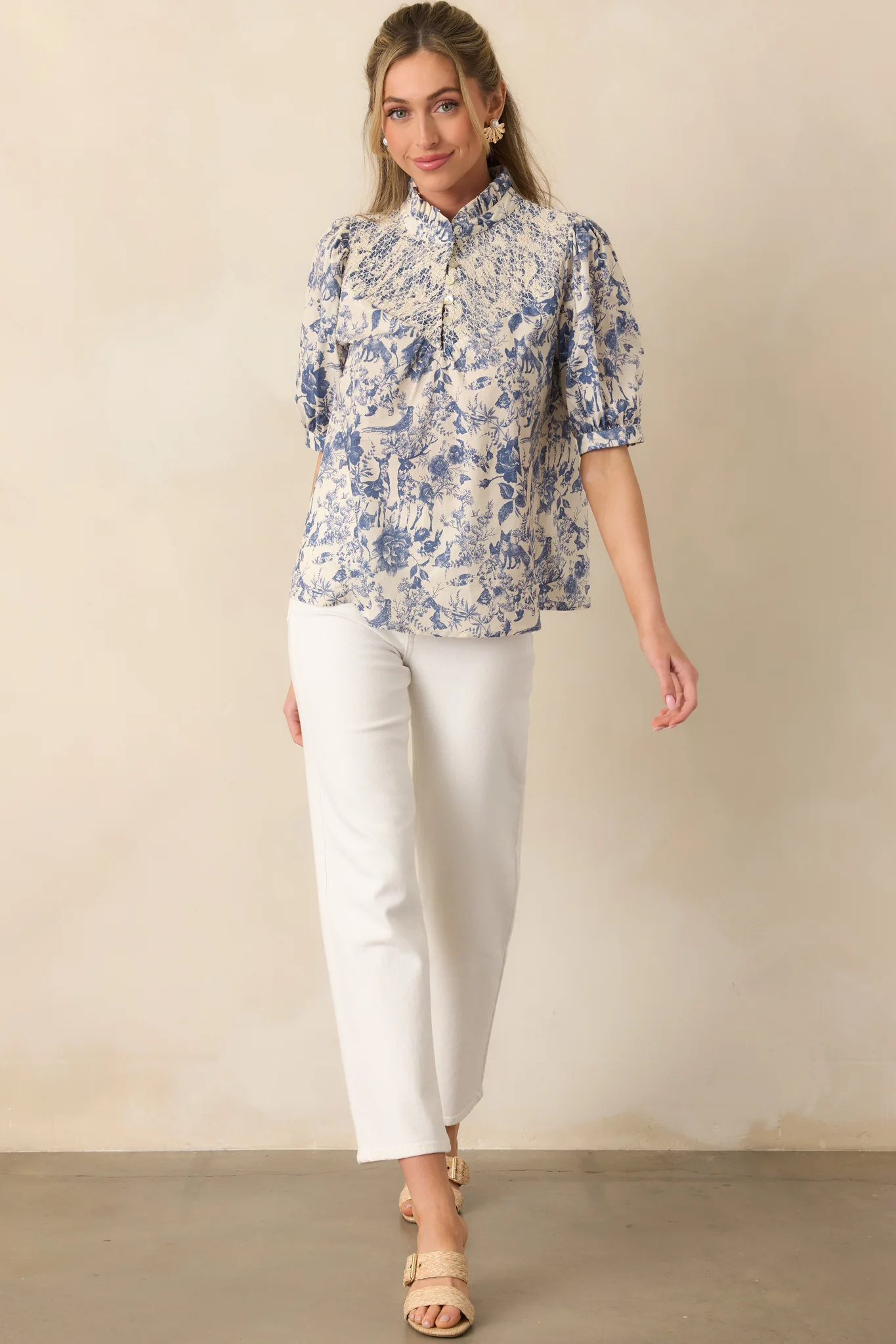 Blue Cotton Toile Half Sleeve Top