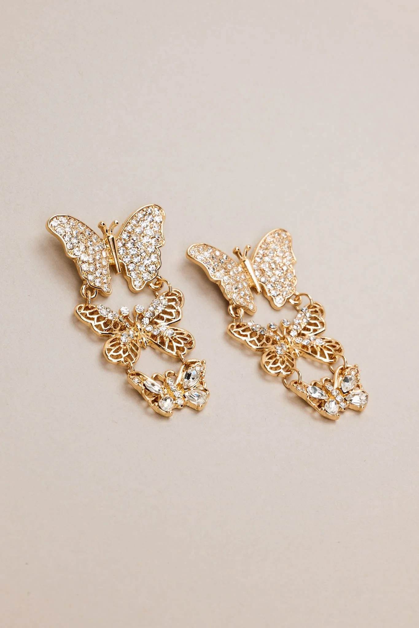 Monarch Majesty Gold Rhinestone Butterfly Drop Earrings