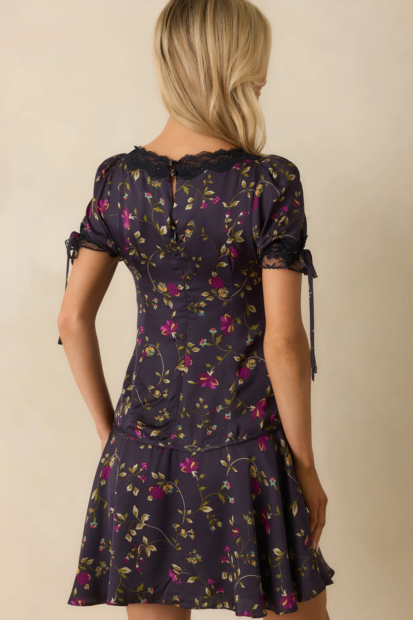 Every Little Detail Dark Indigo Multi Floral Print Satin Lace Mini Dress