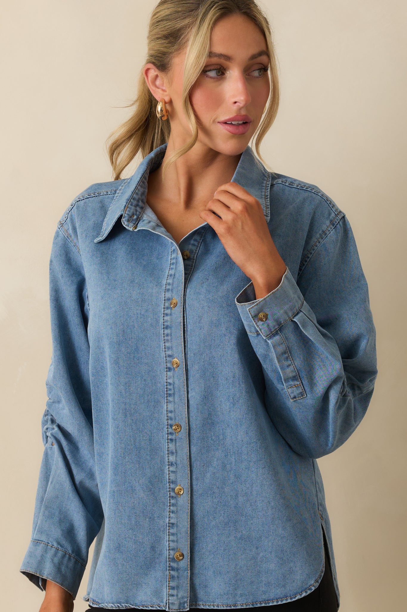 Through Every Change Light Wash Cotton Denim Button Up Top