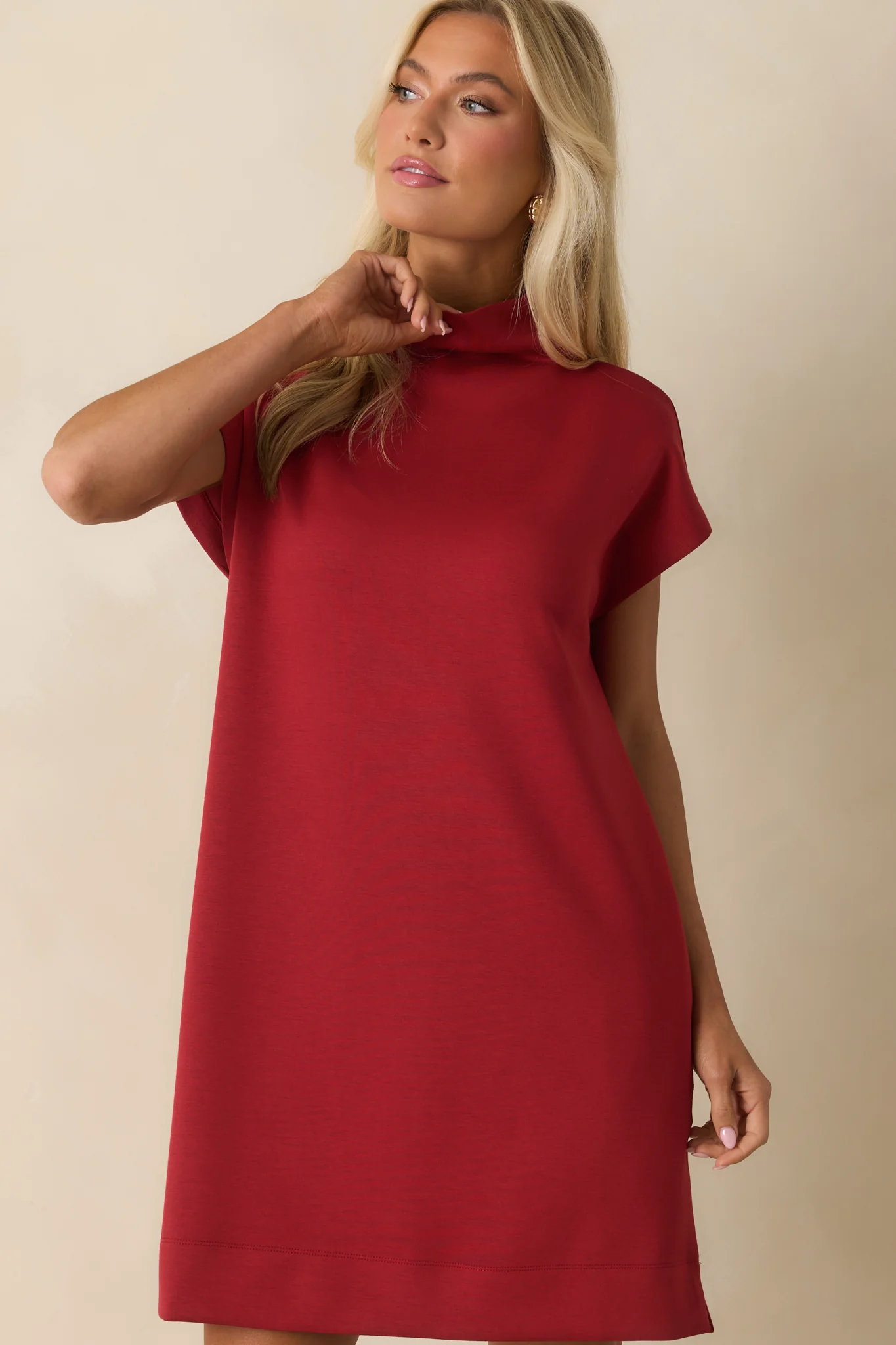 Red Mock Neck Cap Sleeve Mini Dress