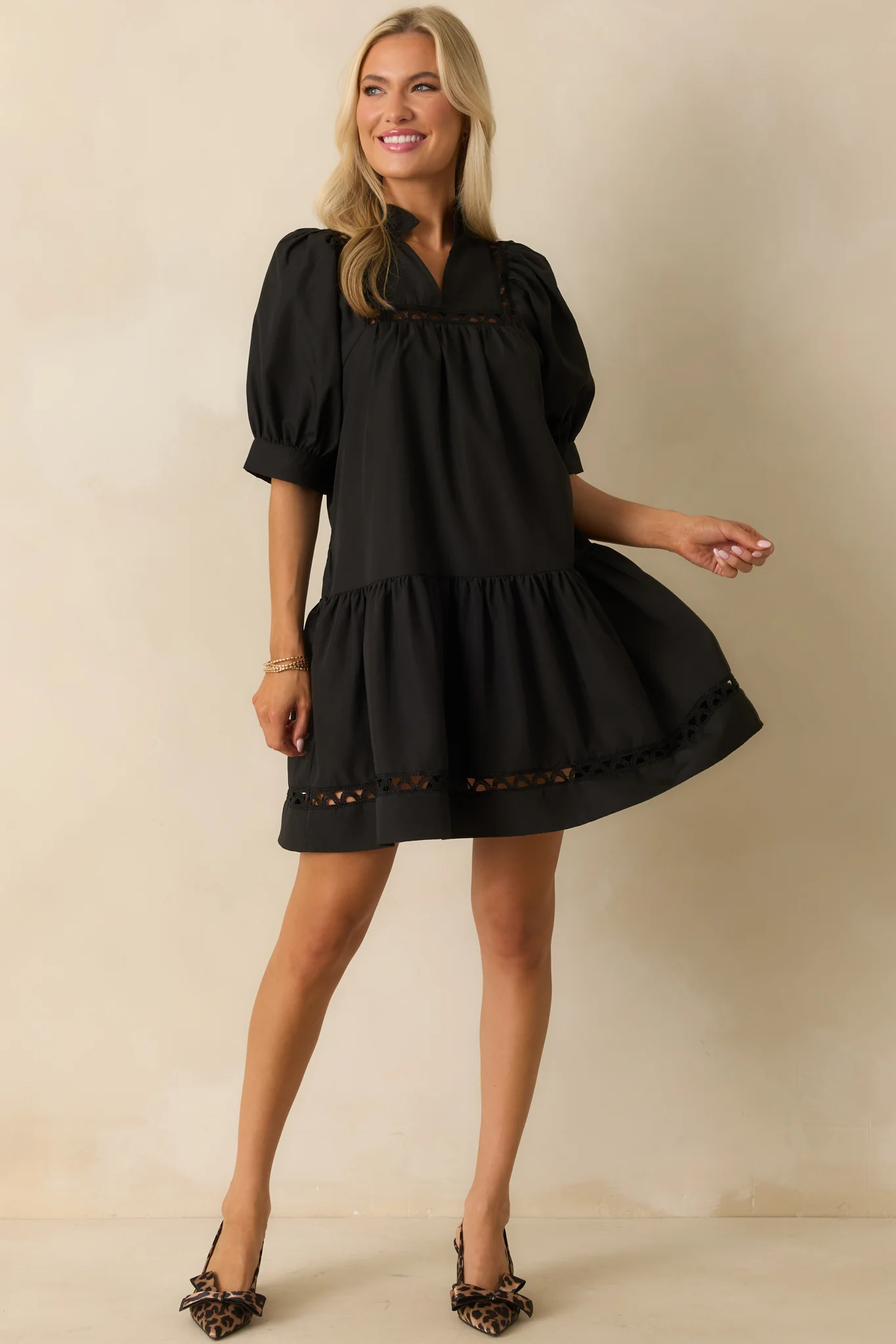 Feels Just Right Black Puff Sleeve Embroidered Eyelet Mini Dress