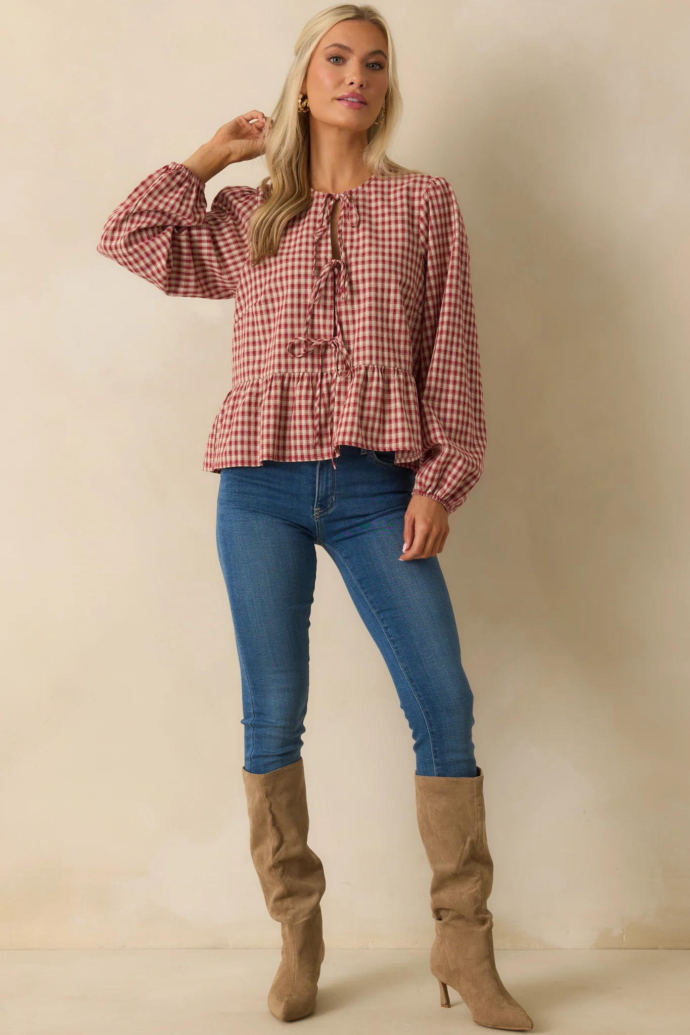 Her Own Thing Red Gingham Long Sleeve Bow Front Peplum Top