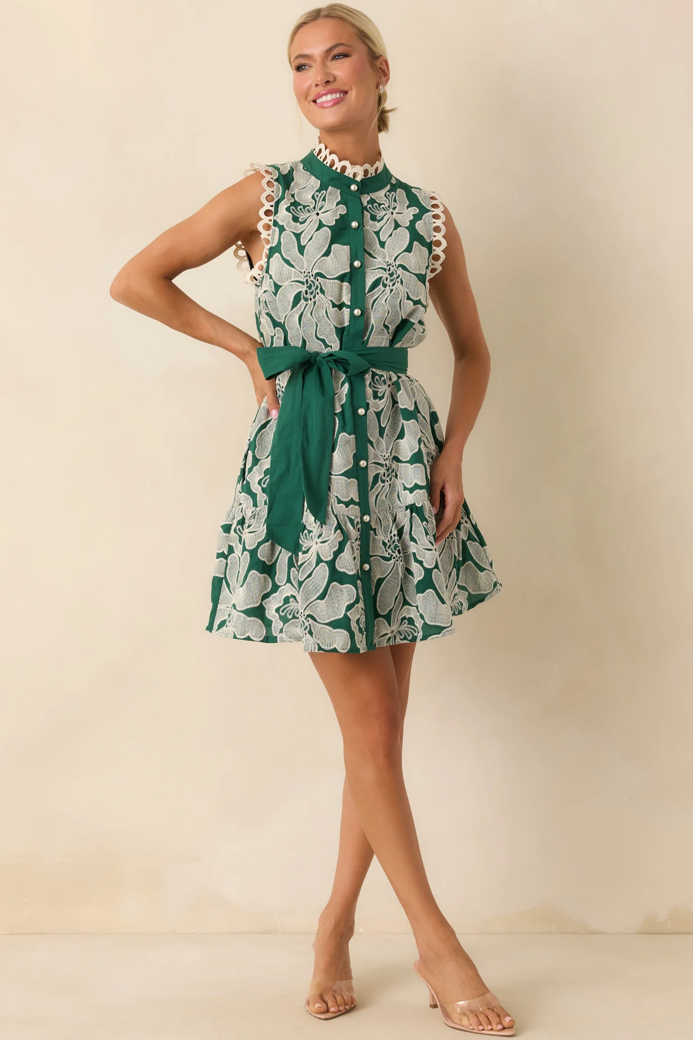 Stand Out Emerald Green Floral Embroidered Cotton Mini Dress