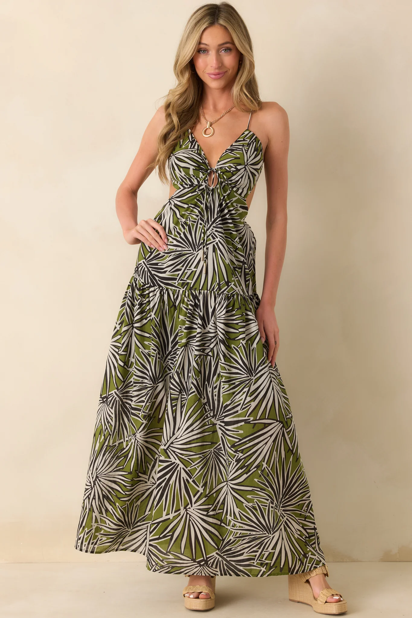 Not In A Hurry Olive Green Tropical Print Cotton Cutout Maxi Dress