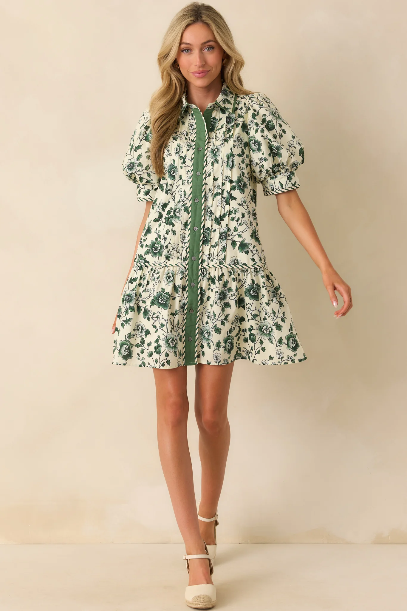 As It Happens Green Floral Print Cotton Puff Sleeve Mini Dress