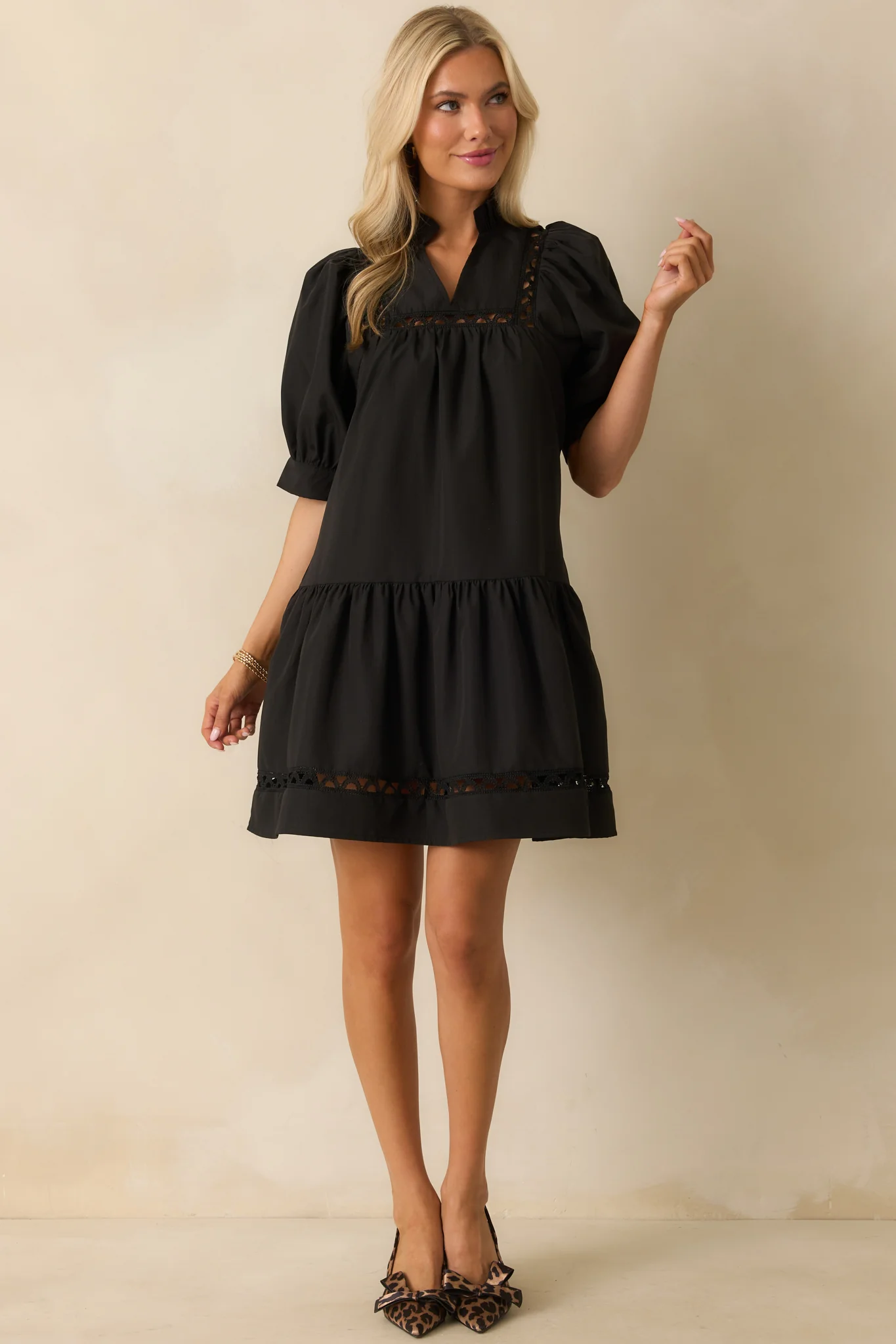 Feels Just Right Black Puff Sleeve Embroidered Eyelet Mini Dress