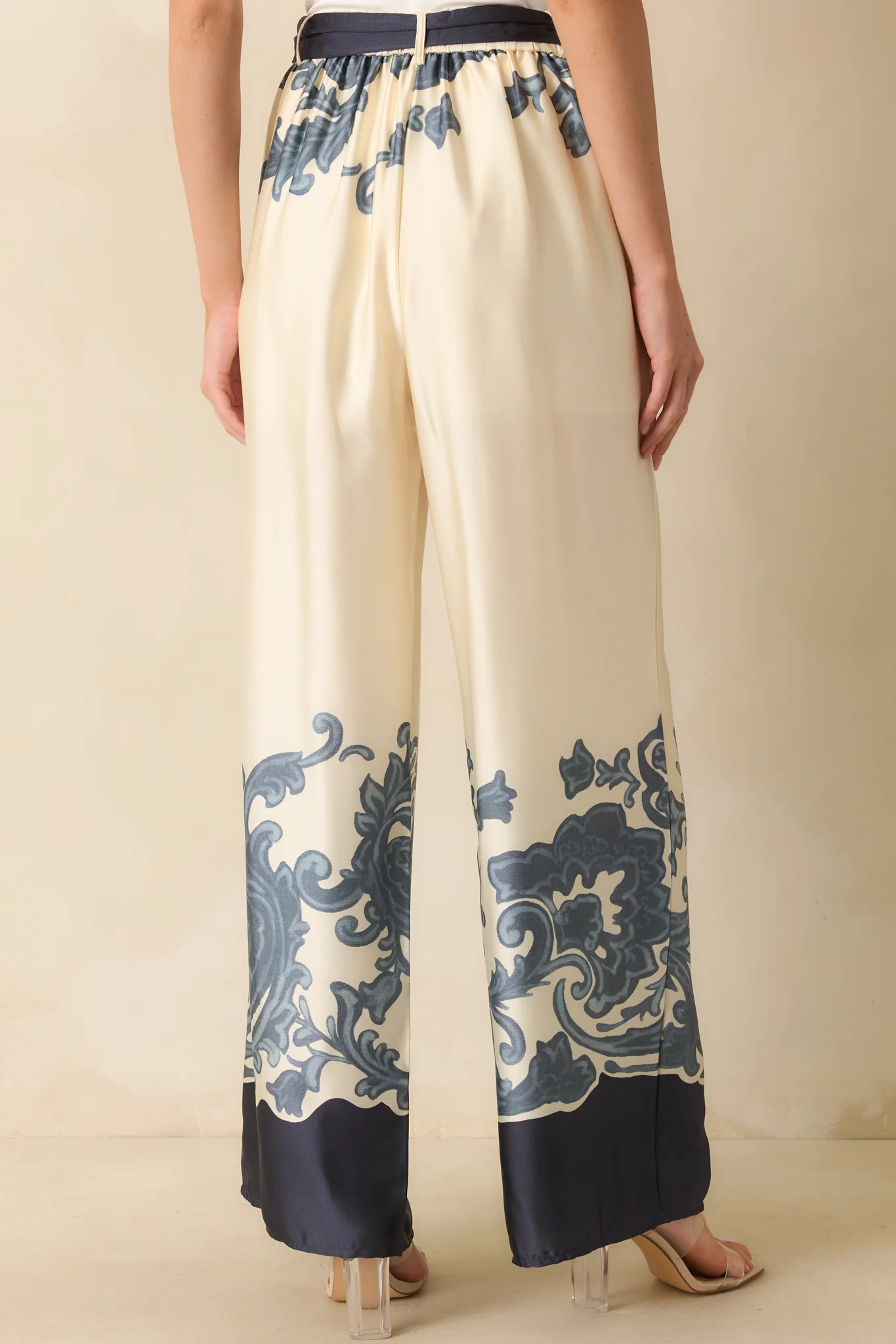 Navy Multi Print Belted Wide Leg Pants