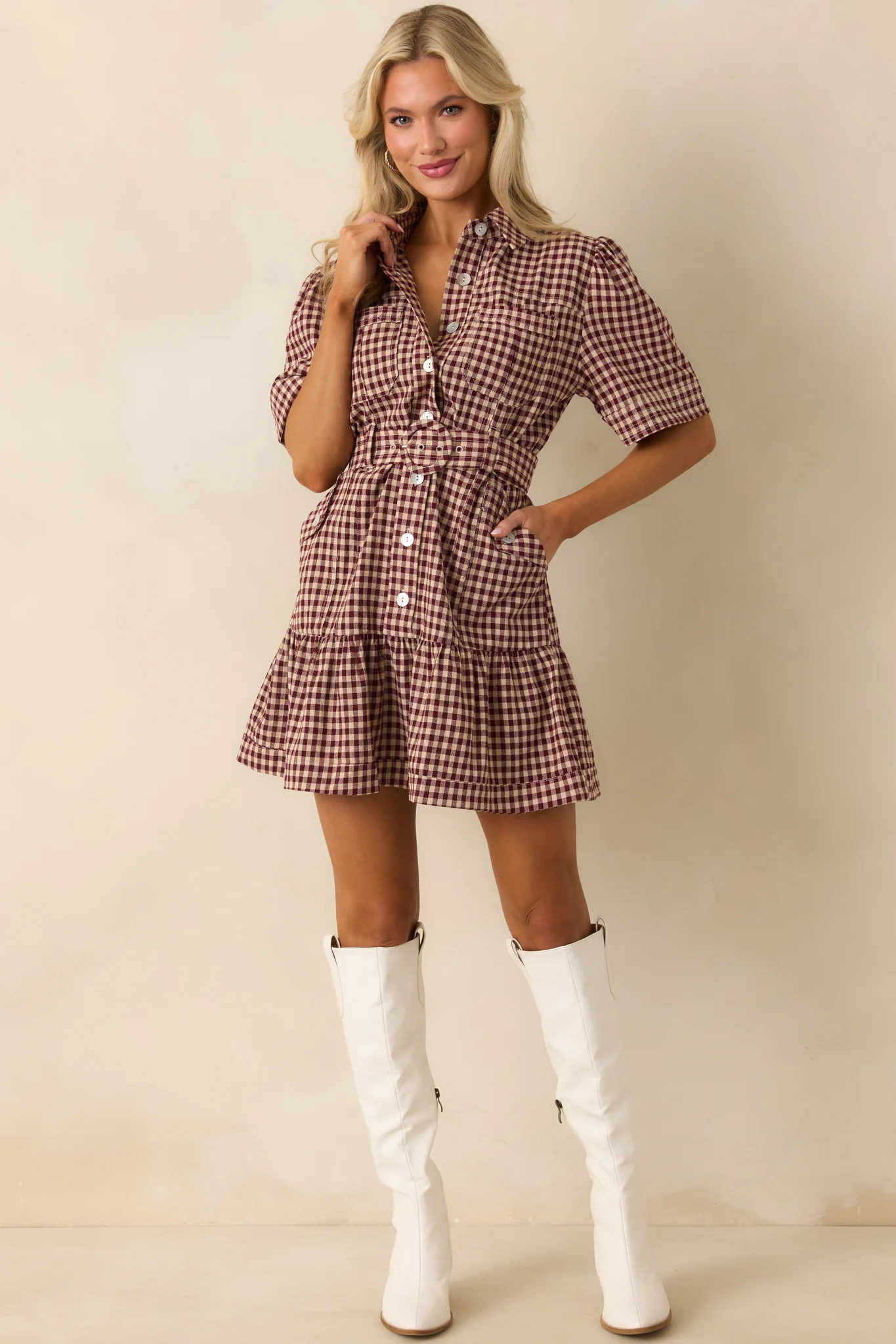 I Hope You Know Burgundy Gingham Cotton Mini Shirt Dress