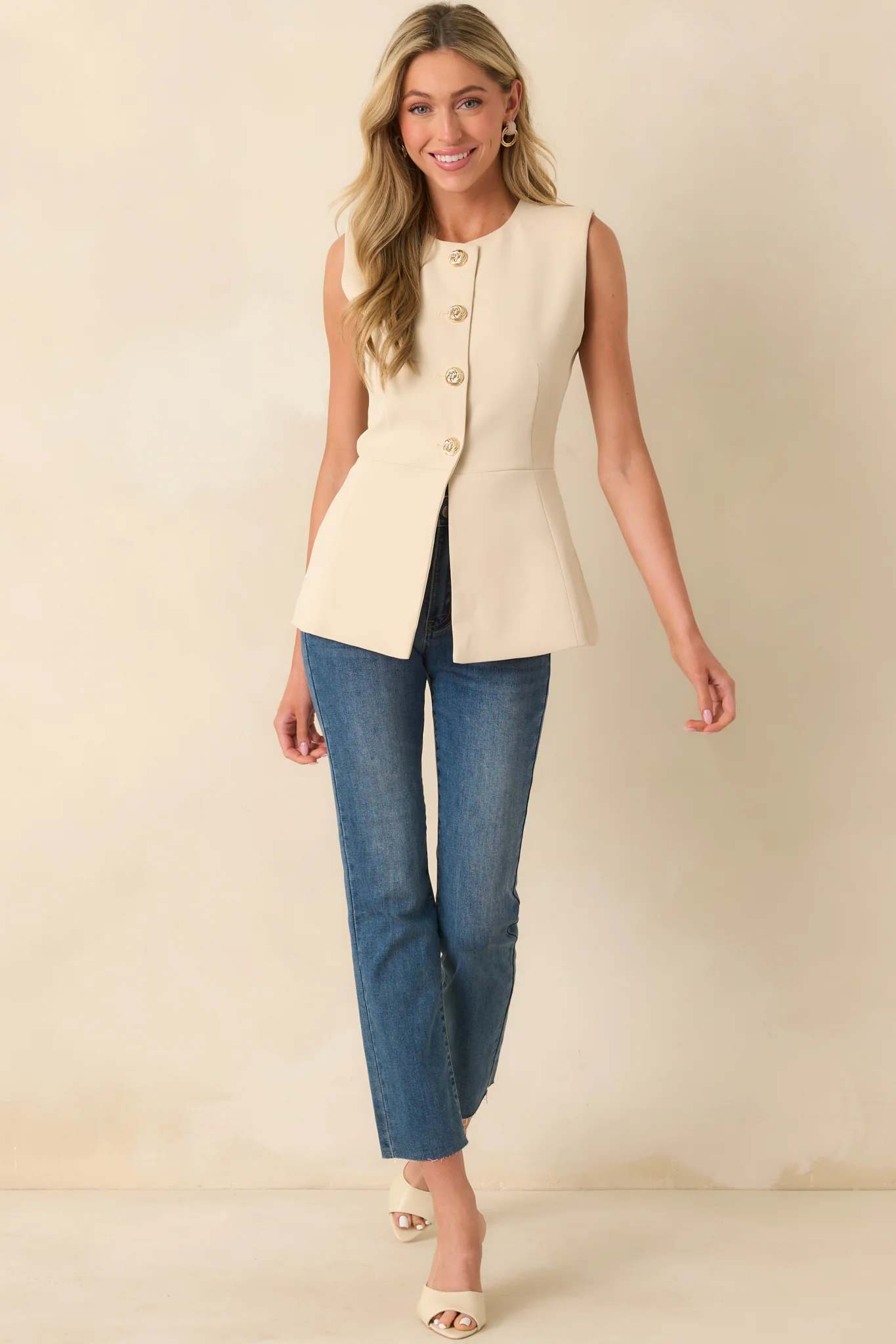 Like It's Nothing Ecru Beige Button Front Sleeveless Tailored Top