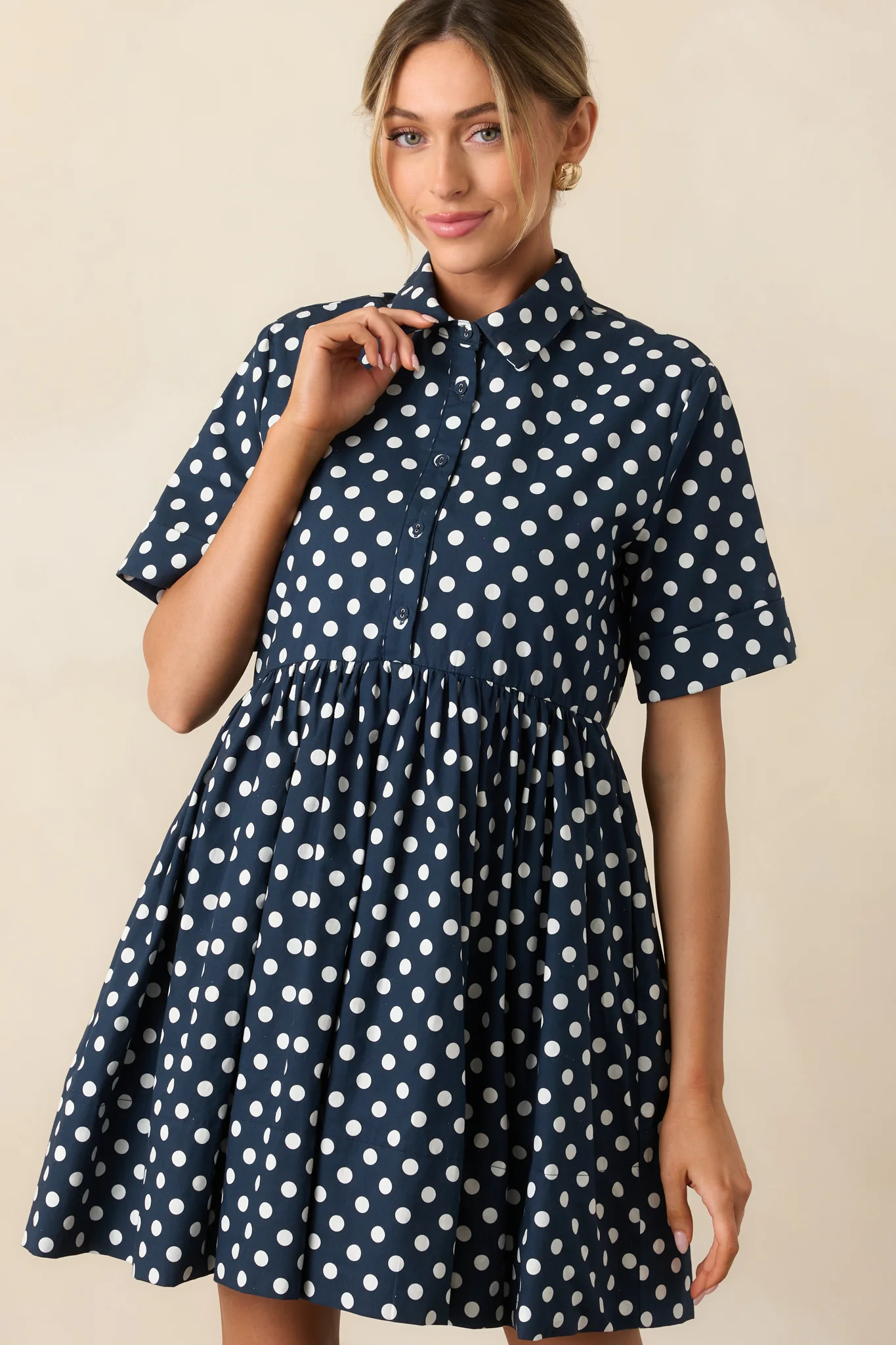 Prosperina Piper Navy Polka Dot Cotton Mini Dress