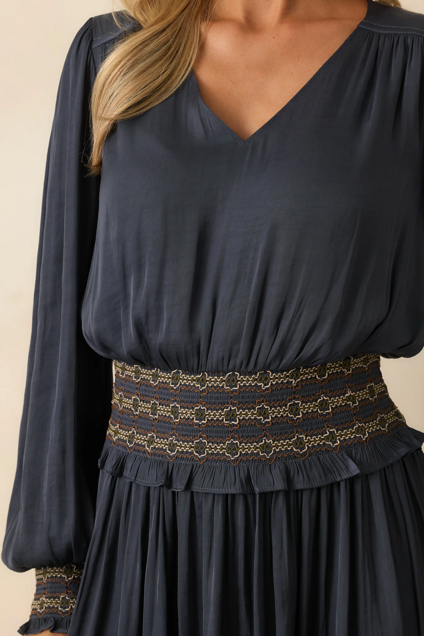 Navy Satin Long Sleeve Smocked Waist Mini Dress