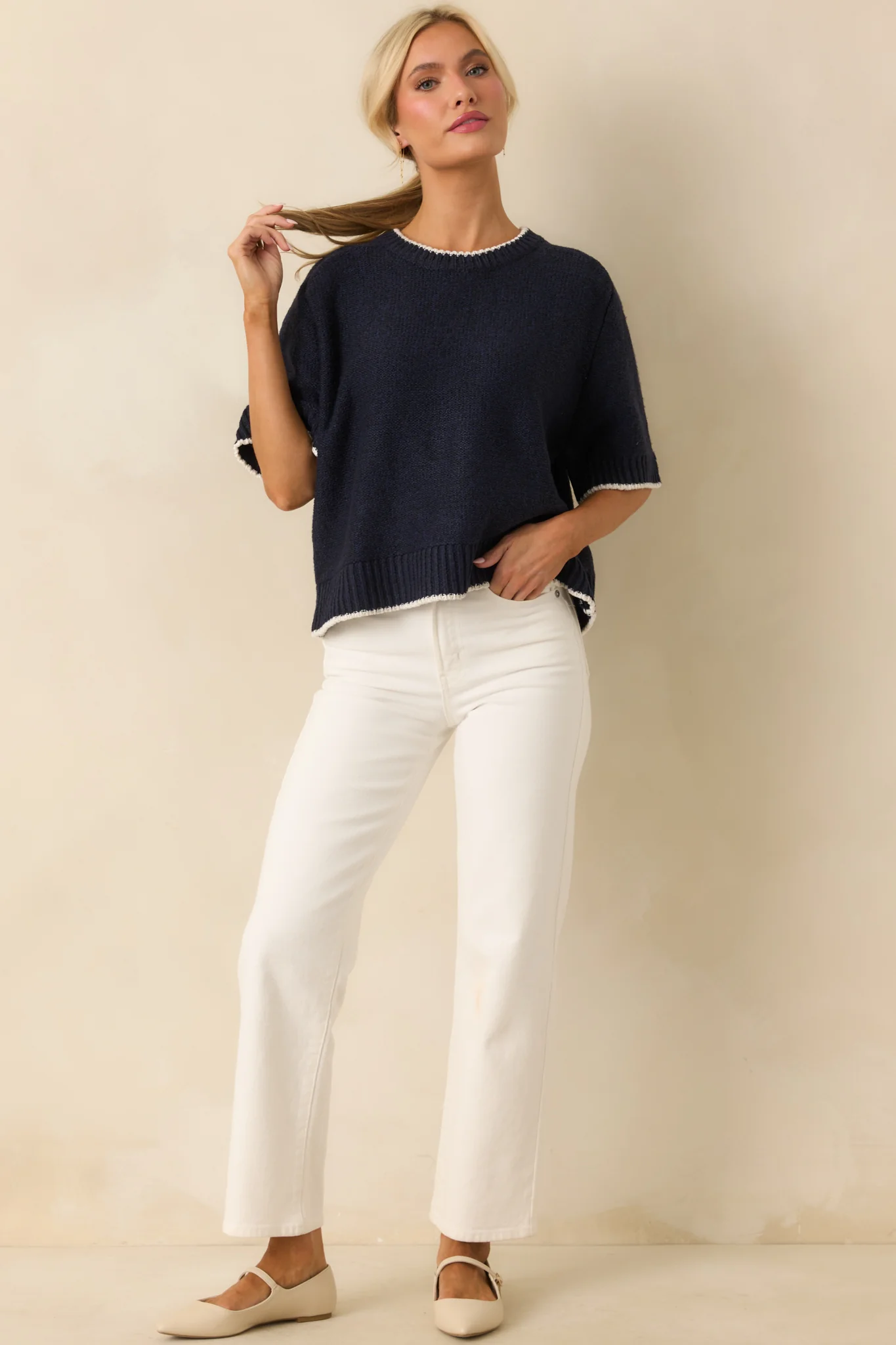 Never Looked Back Navy Contrast Trim Short Sleeve Sweater