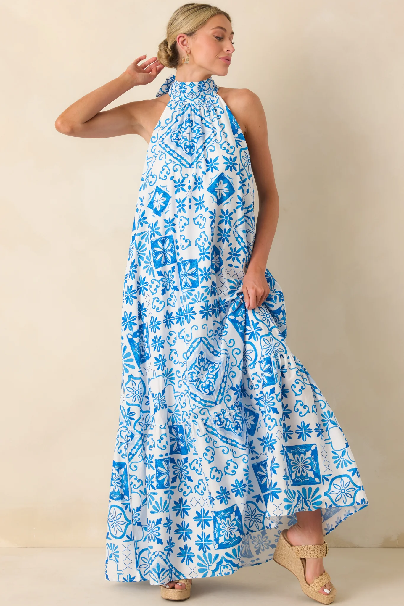 Prosperina Rebecca Blue Tile Print Cotton Halter Maxi Dress