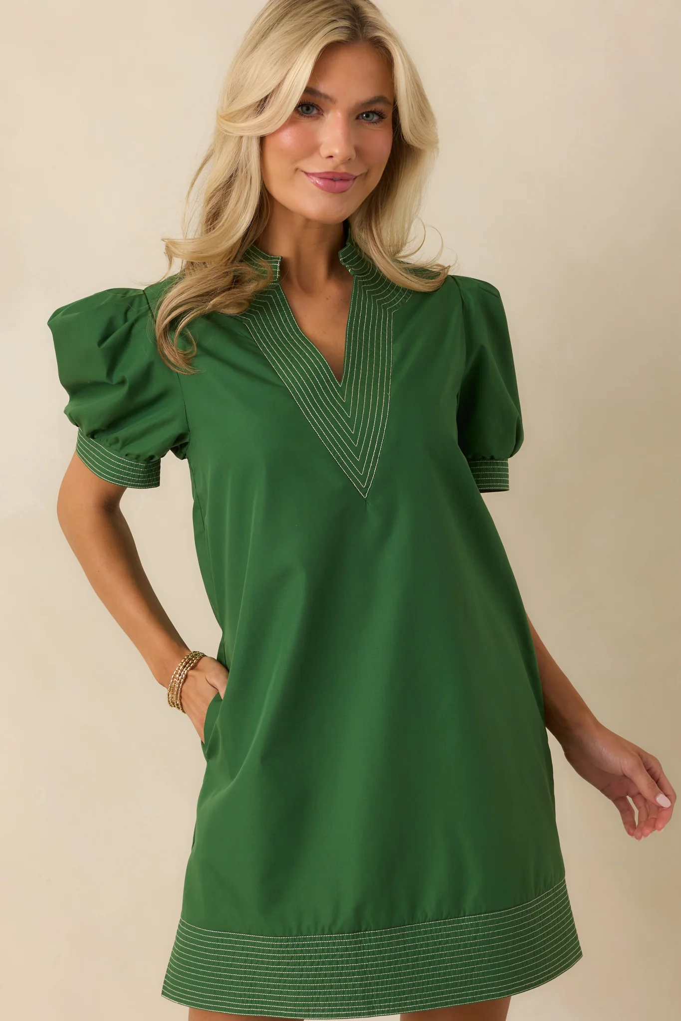 Took The Right Turn Hunter Green Cotton Puff Sleeve Mini Dress