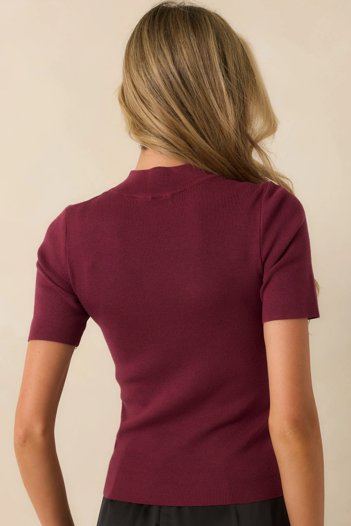 Without Thinking Wine Ribbed Mock Neck Short Sleeve Top