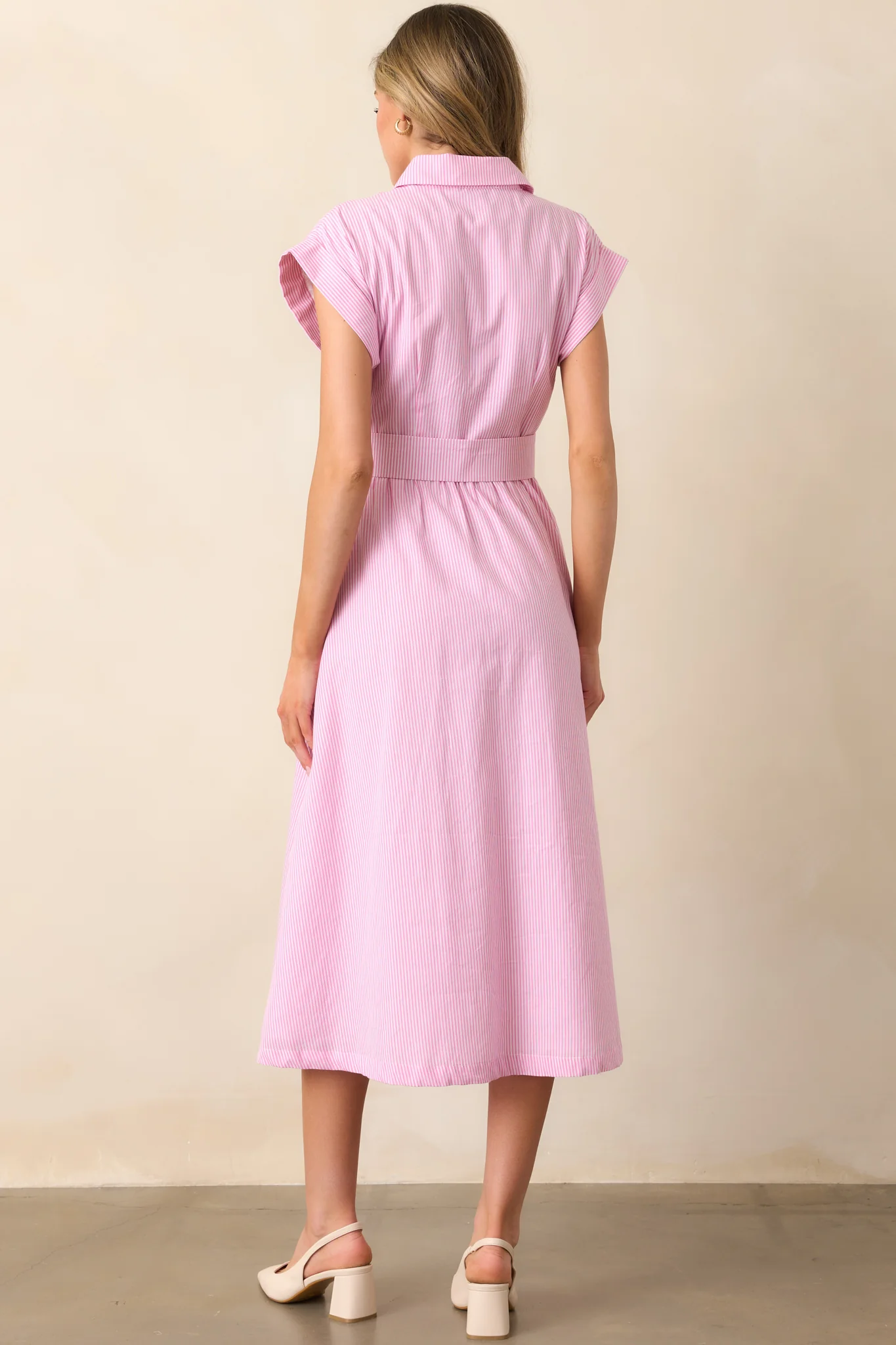 Gia Peony Pink Stripe Belted Cotton Midi Dress