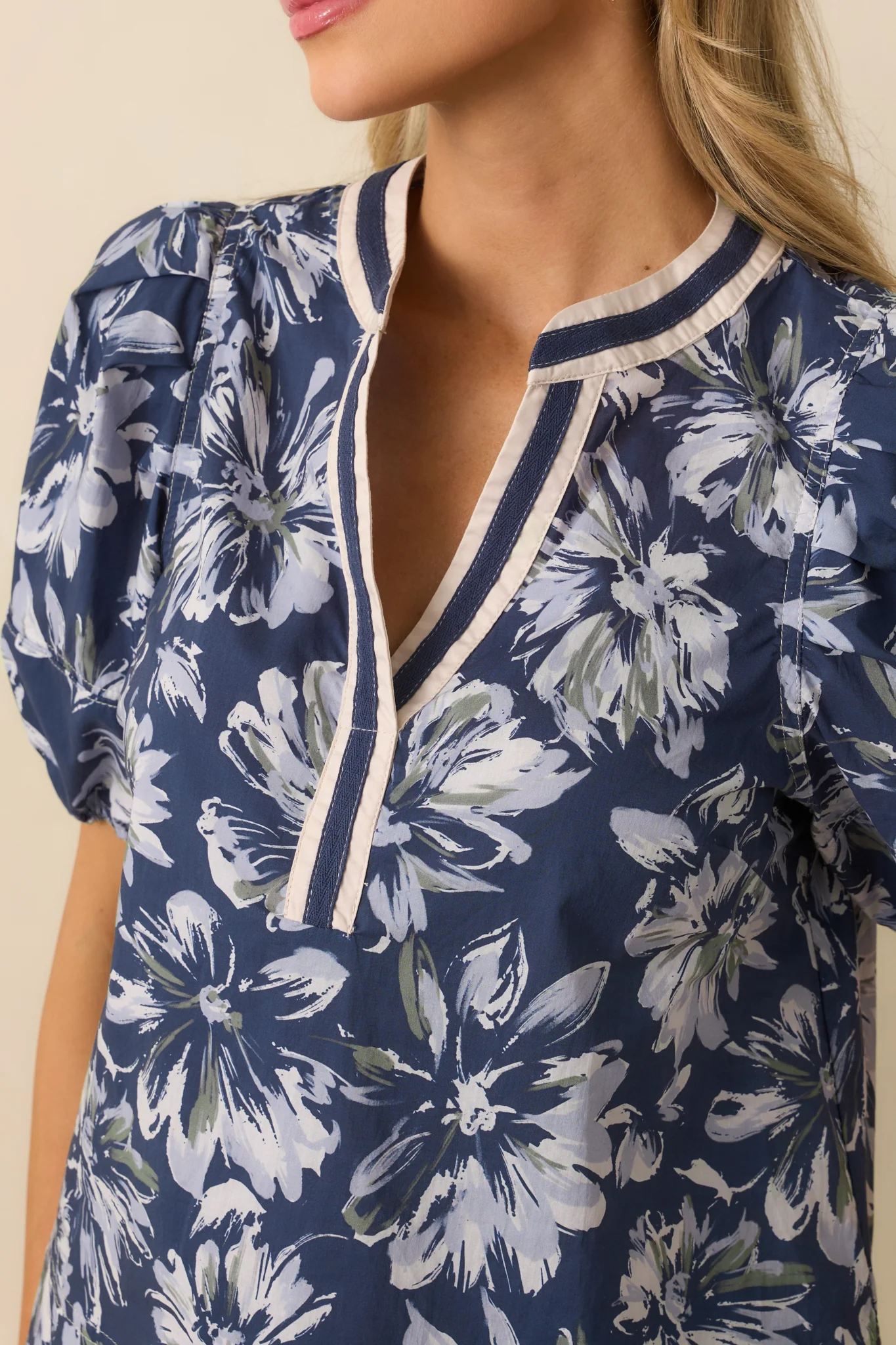 A Good Sign Navy Floral Print Cotton Puff Sleeve Top