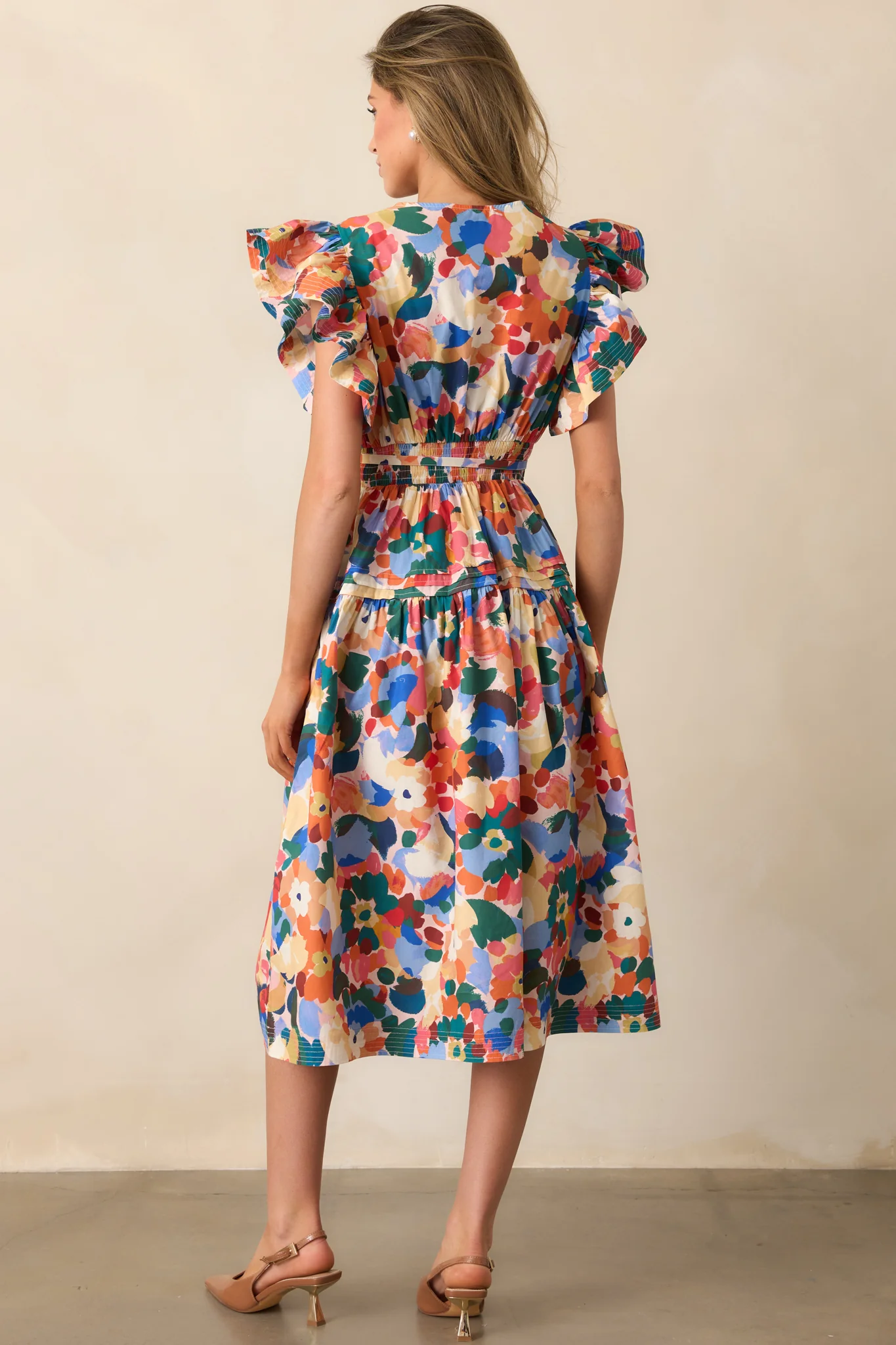 Prosperina Astor Orange Multi Floral Print Cotton Midi Dress