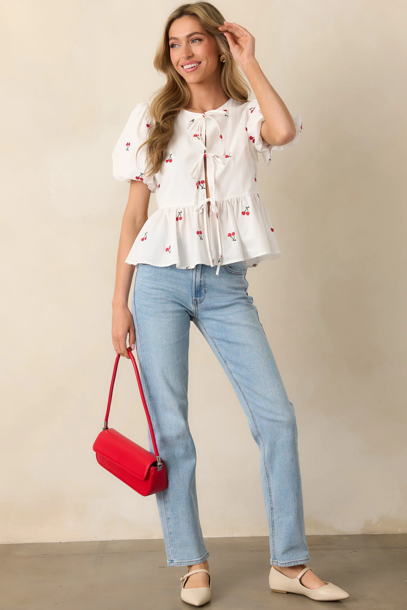 Pucker Up White Cotton Cherry Embroidered Peplum Top