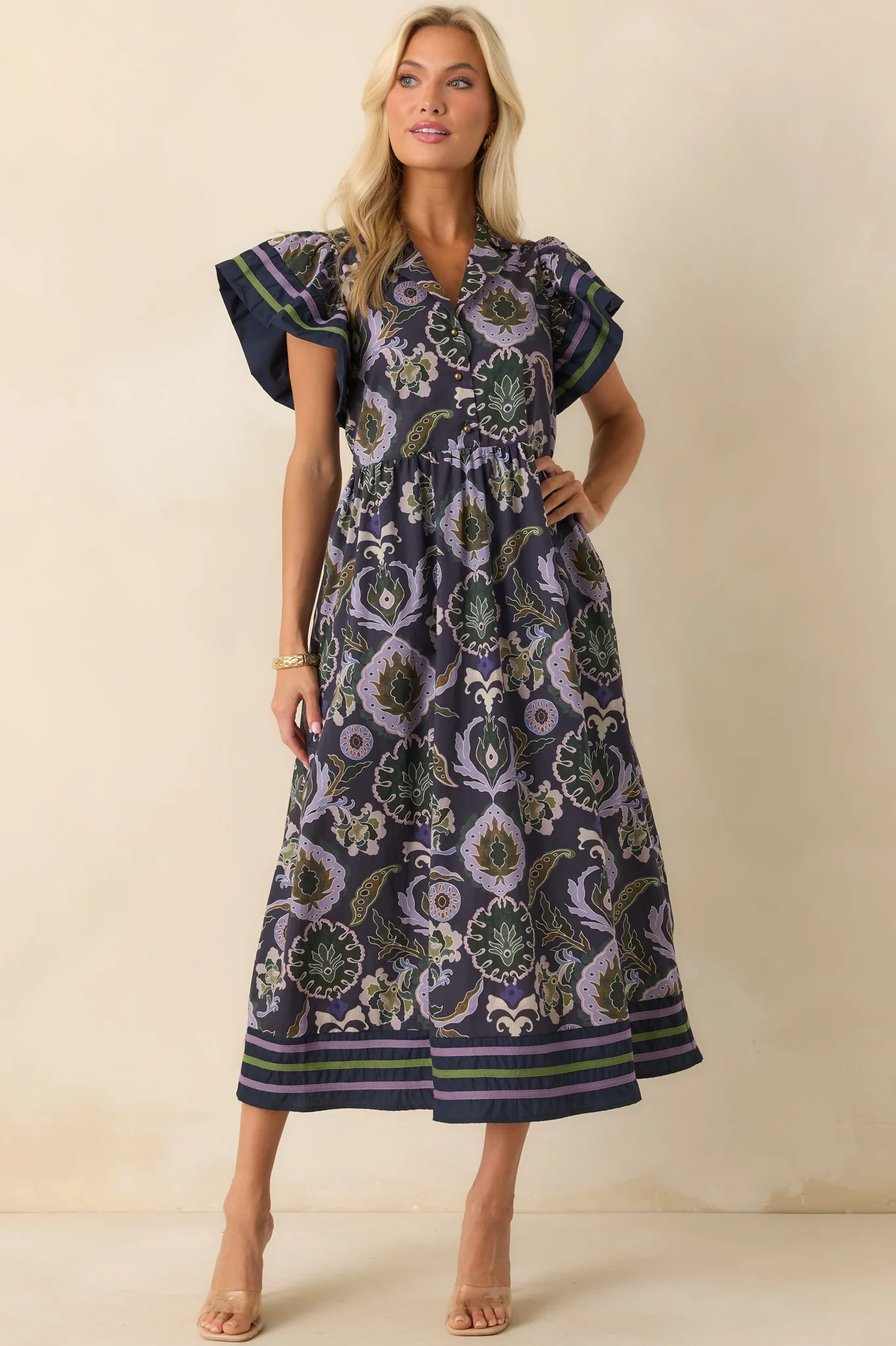 Still Thinking About Her Navy Multi Print Cotton Midi Dress