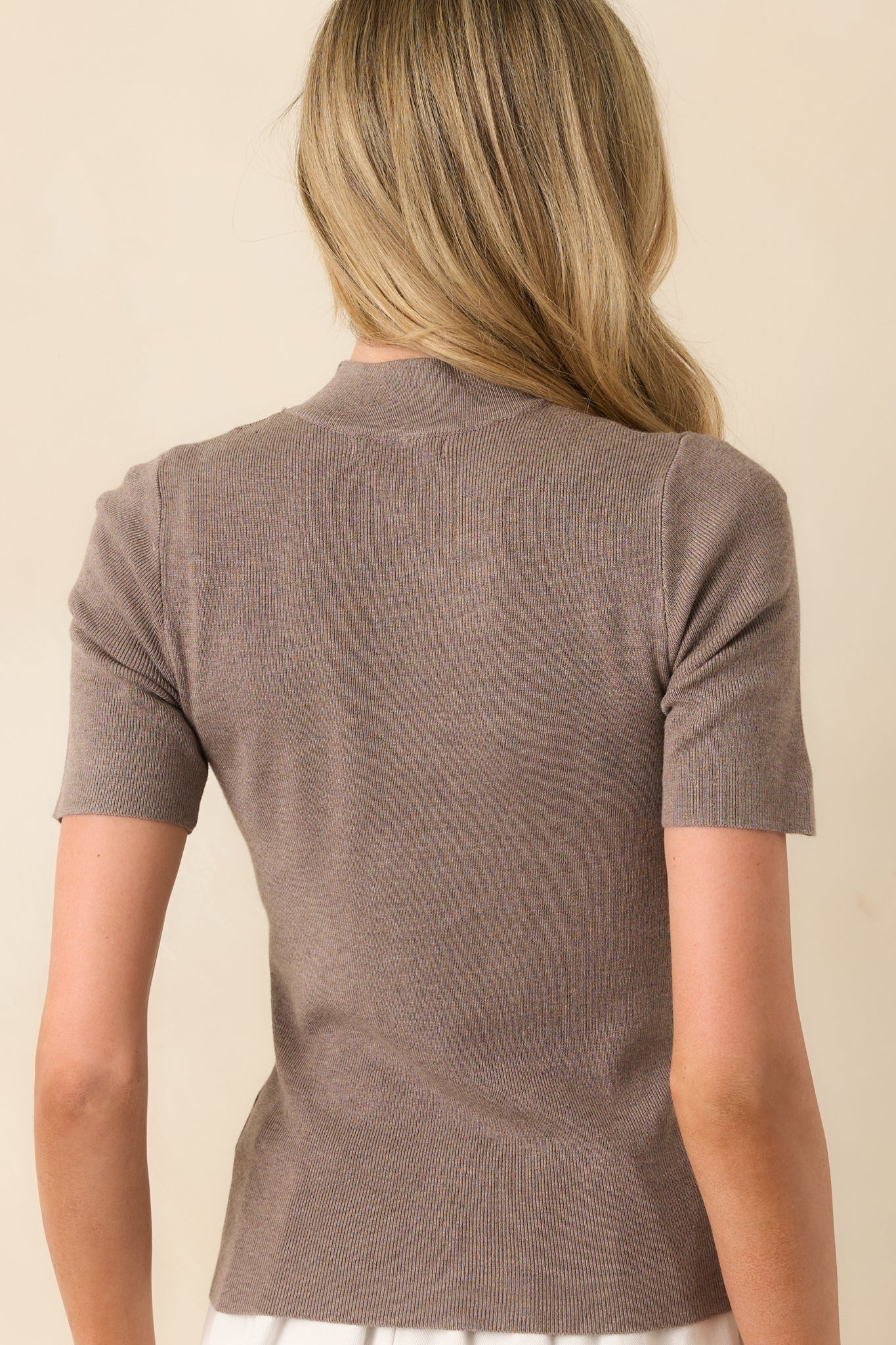 Without Thinking Dark Taupe Ribbed Mock Neck Short Sleeve Top