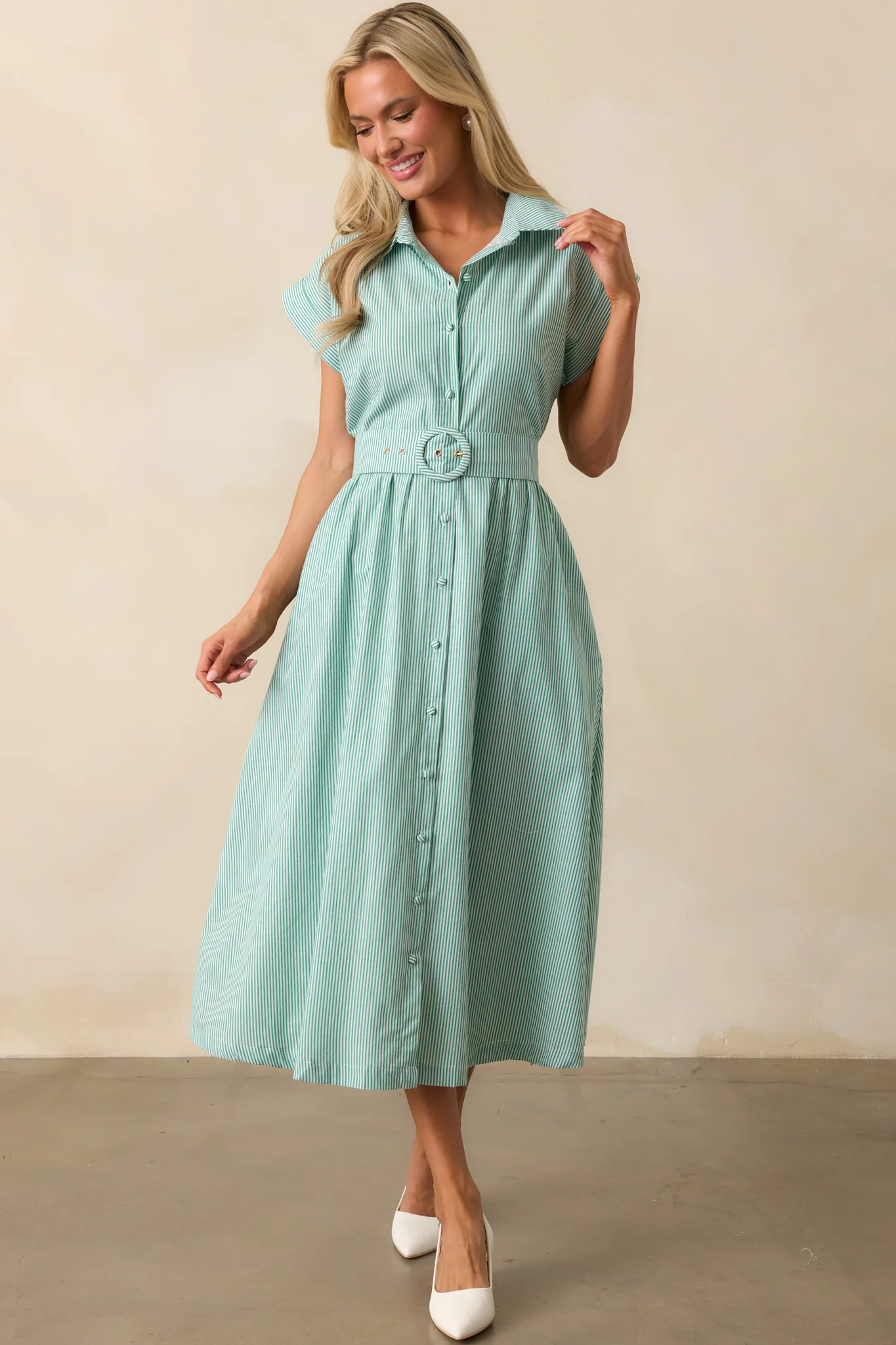 Gia Grass Green Stripe Belted Cotton Midi Dress
