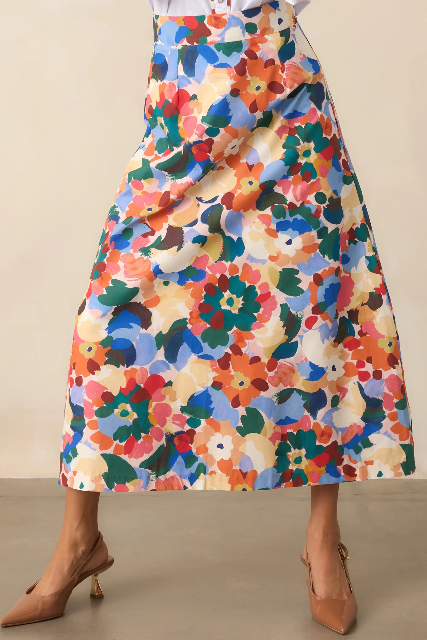 Orange Multi Floral Print Cotton Midi Skirt