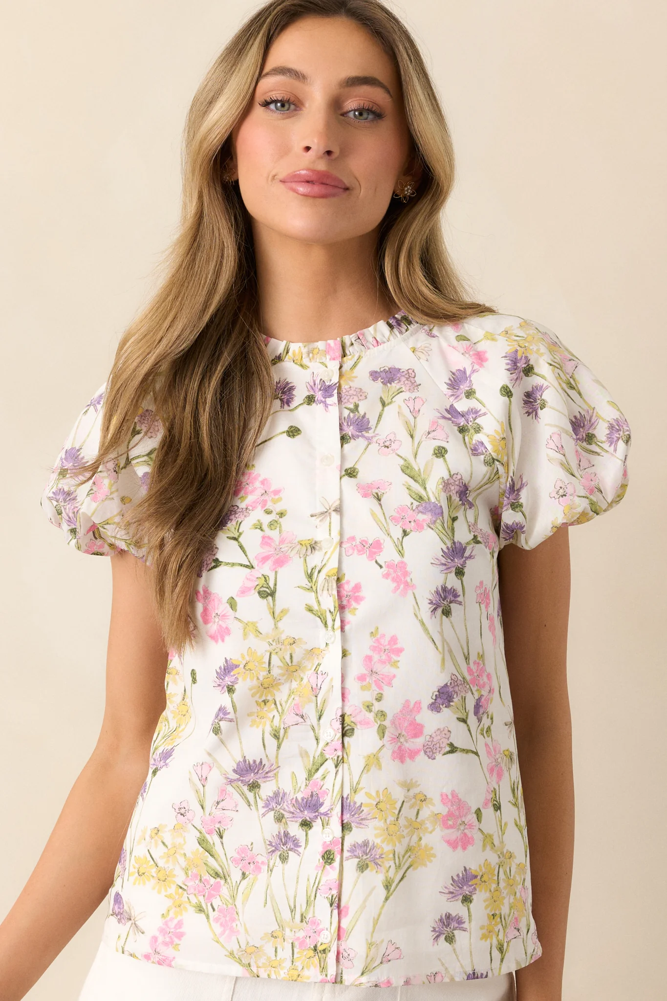 Peaceful Moments Ivory Floral Cotton Puff Sleeve Button Front Top