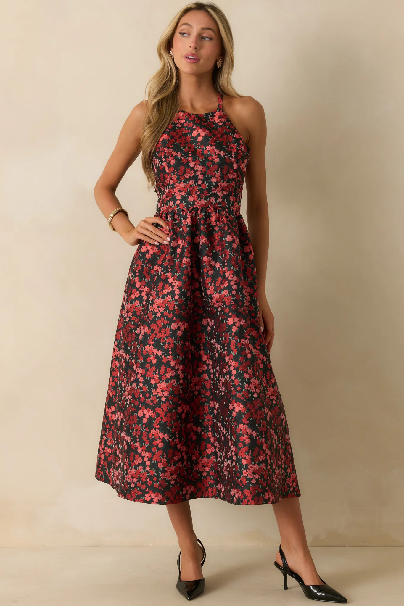 Worth Every Second Red Multi Floral Jacquard Halter Midi Dress