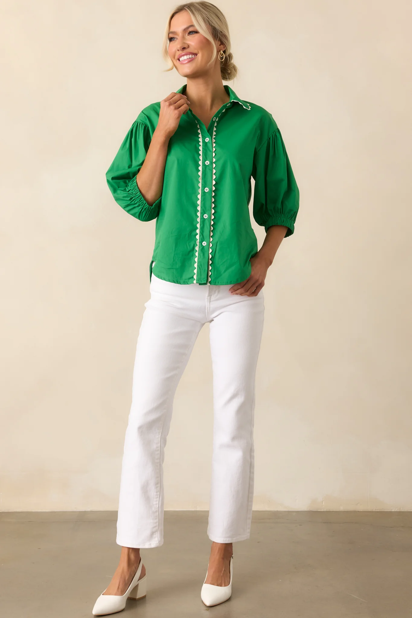 A Twist On Classic Green Cotton Button Front Top