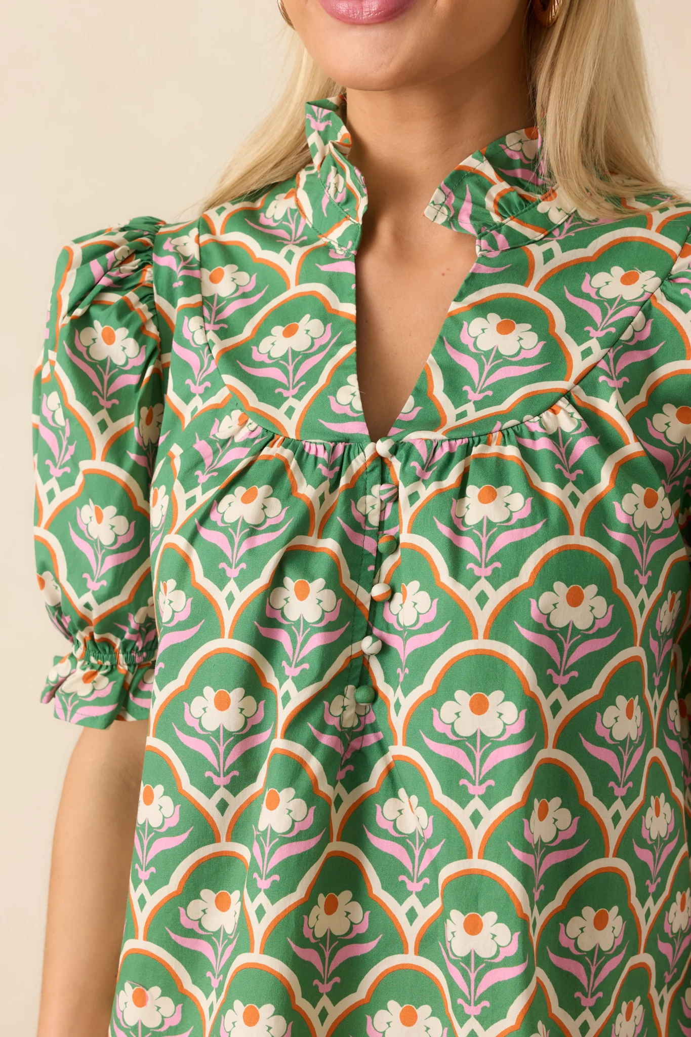 Crossed My Mind Green Geometric Floral Print Cotton Top