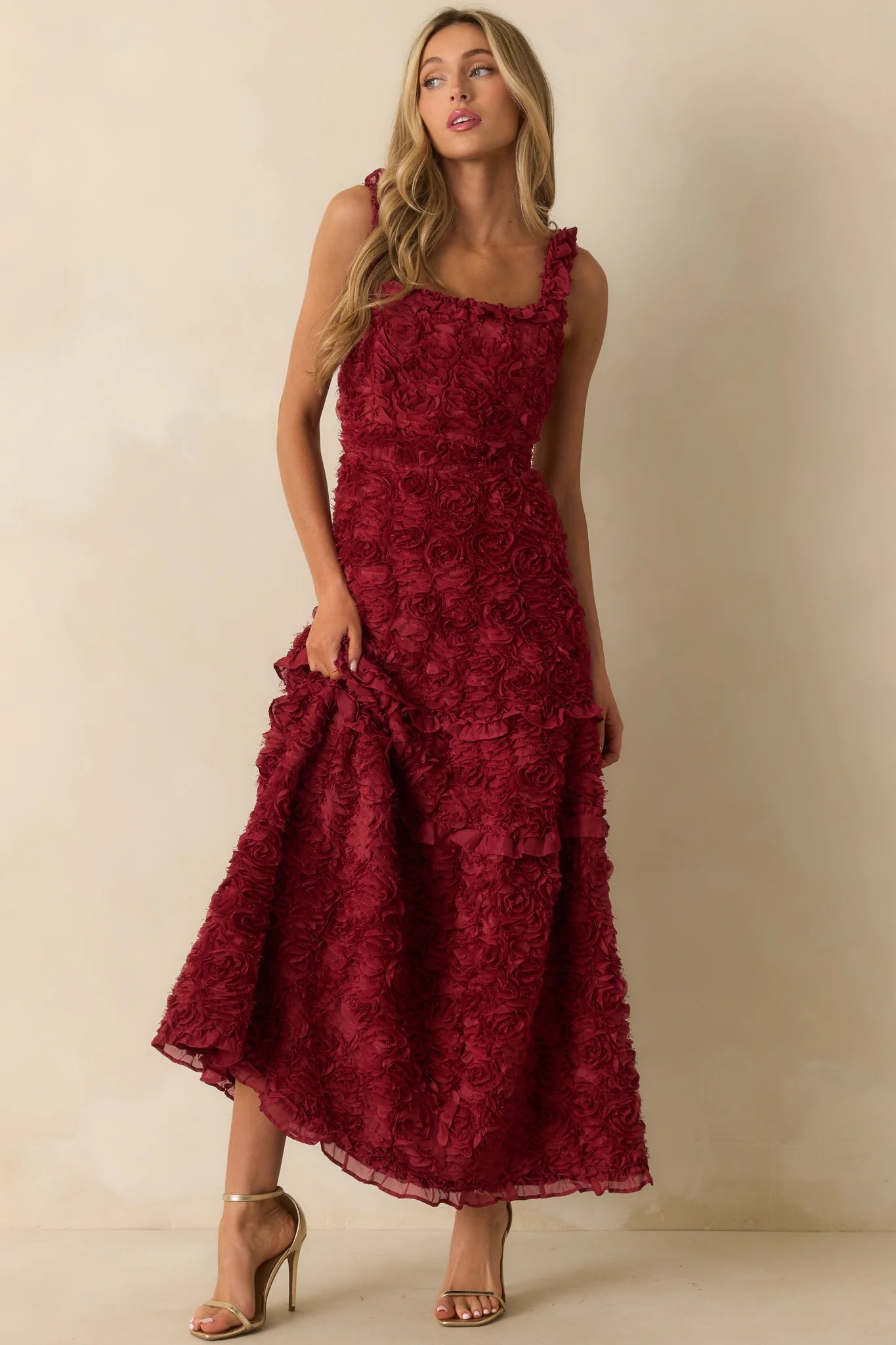 Wine Red Floral Applique Maxi Dress