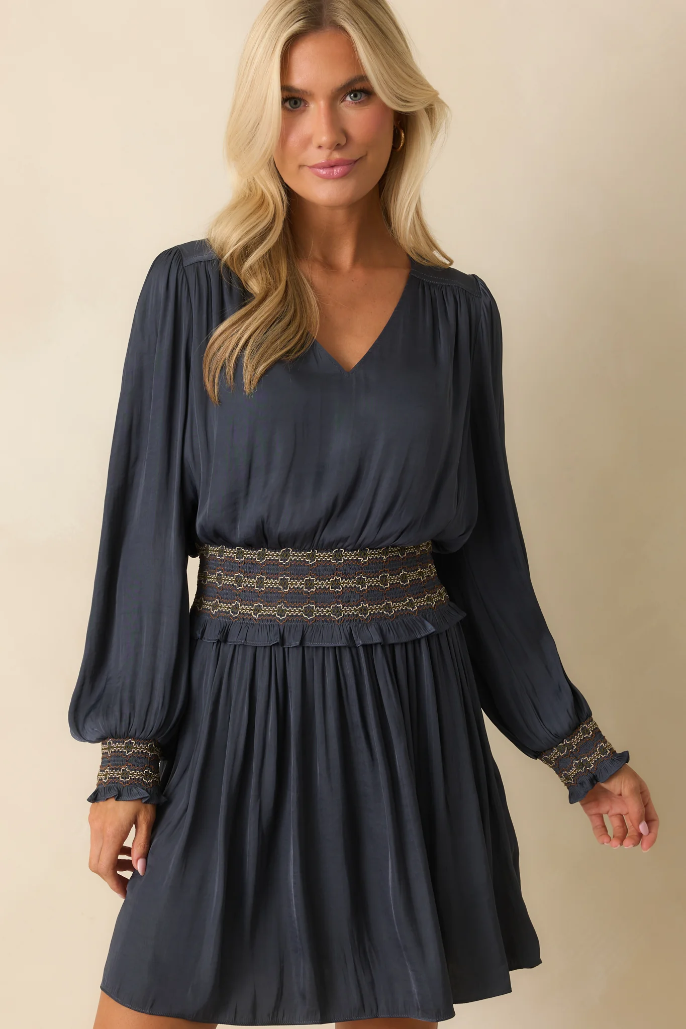 Navy Satin Long Sleeve Smocked Waist Mini Dress