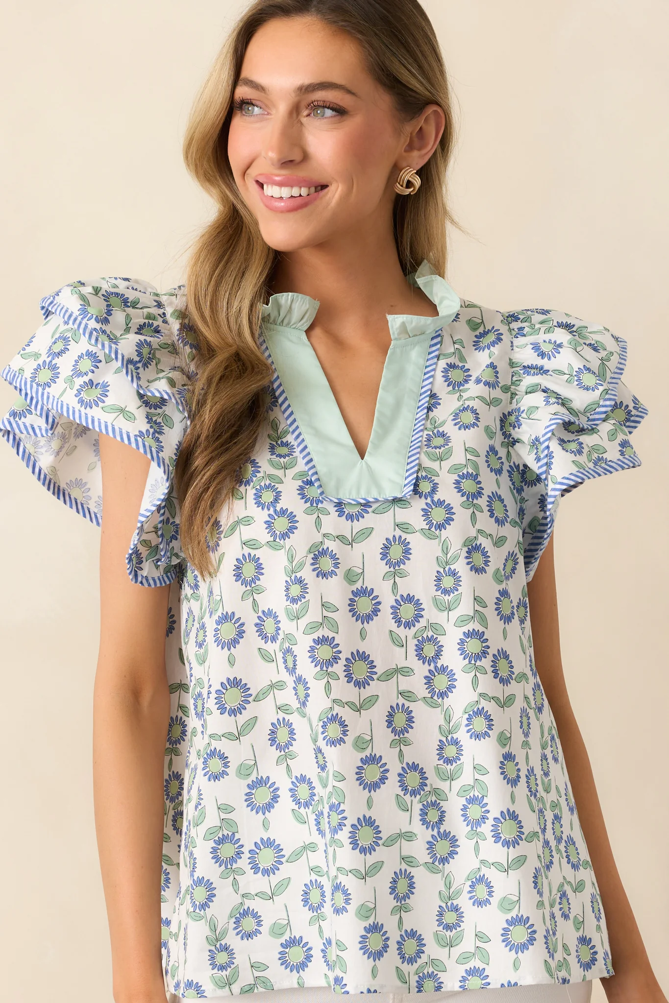 The More The Merrier Green Floral Cotton Flutter Sleeve Top