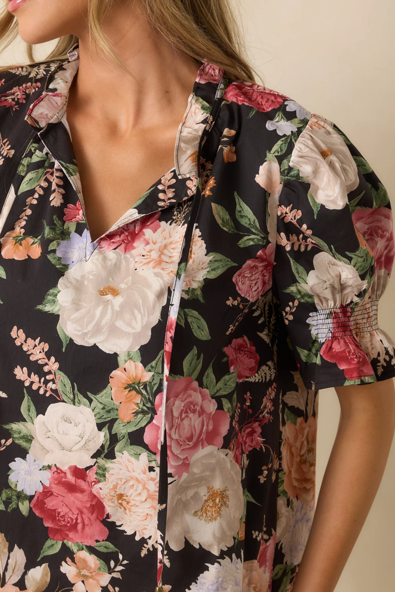 Black Multi Floral Print Cotton Puff Sleeve Top